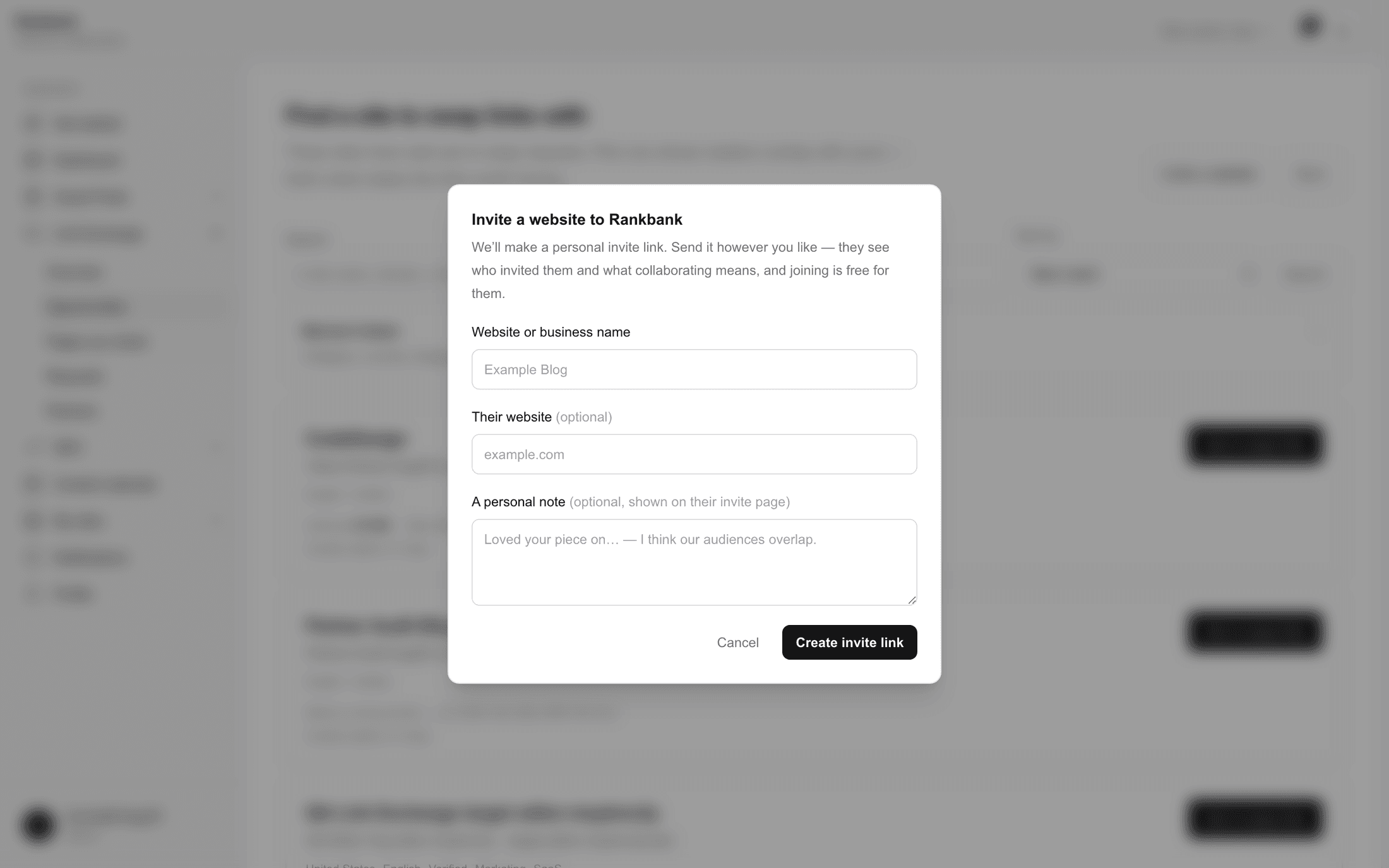 The invite dialog showing the ready invite link with Copy and Done