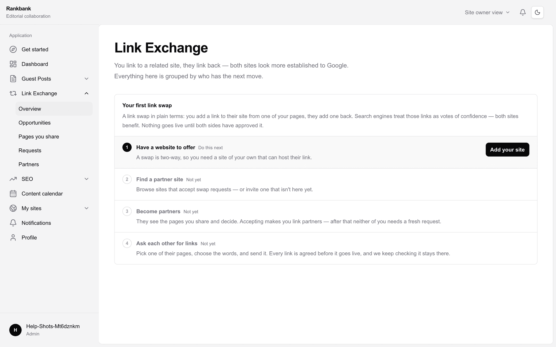 The Link Exchange overview page with its first-swap panel and four numbered stages