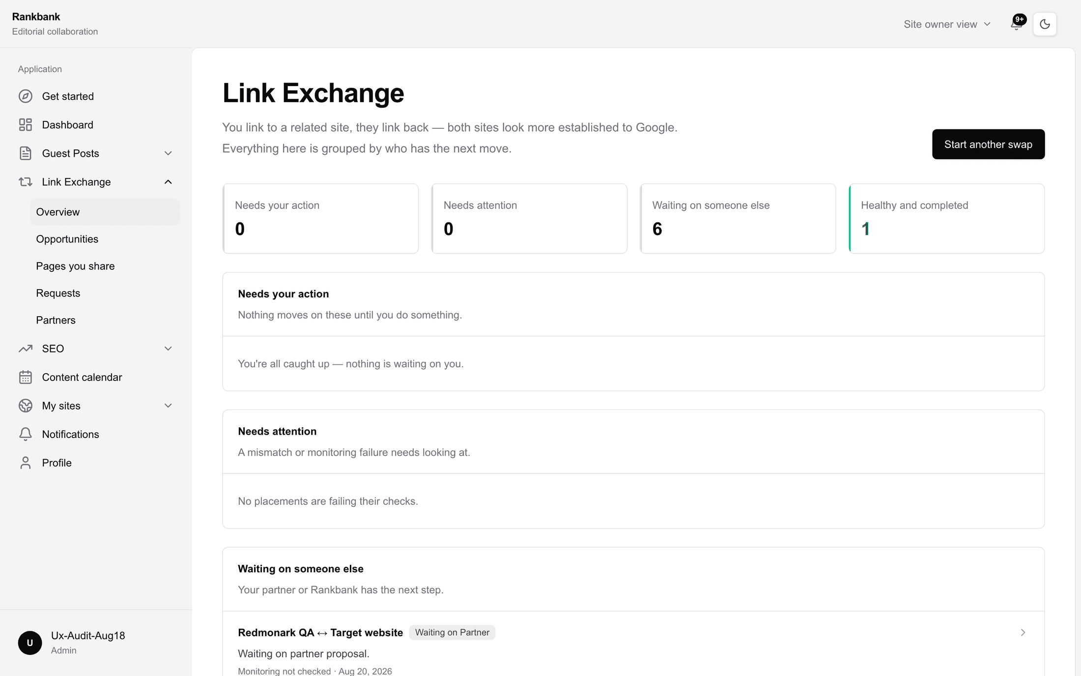 The Link Exchange overview with four stat tiles and the four grouped panels below them