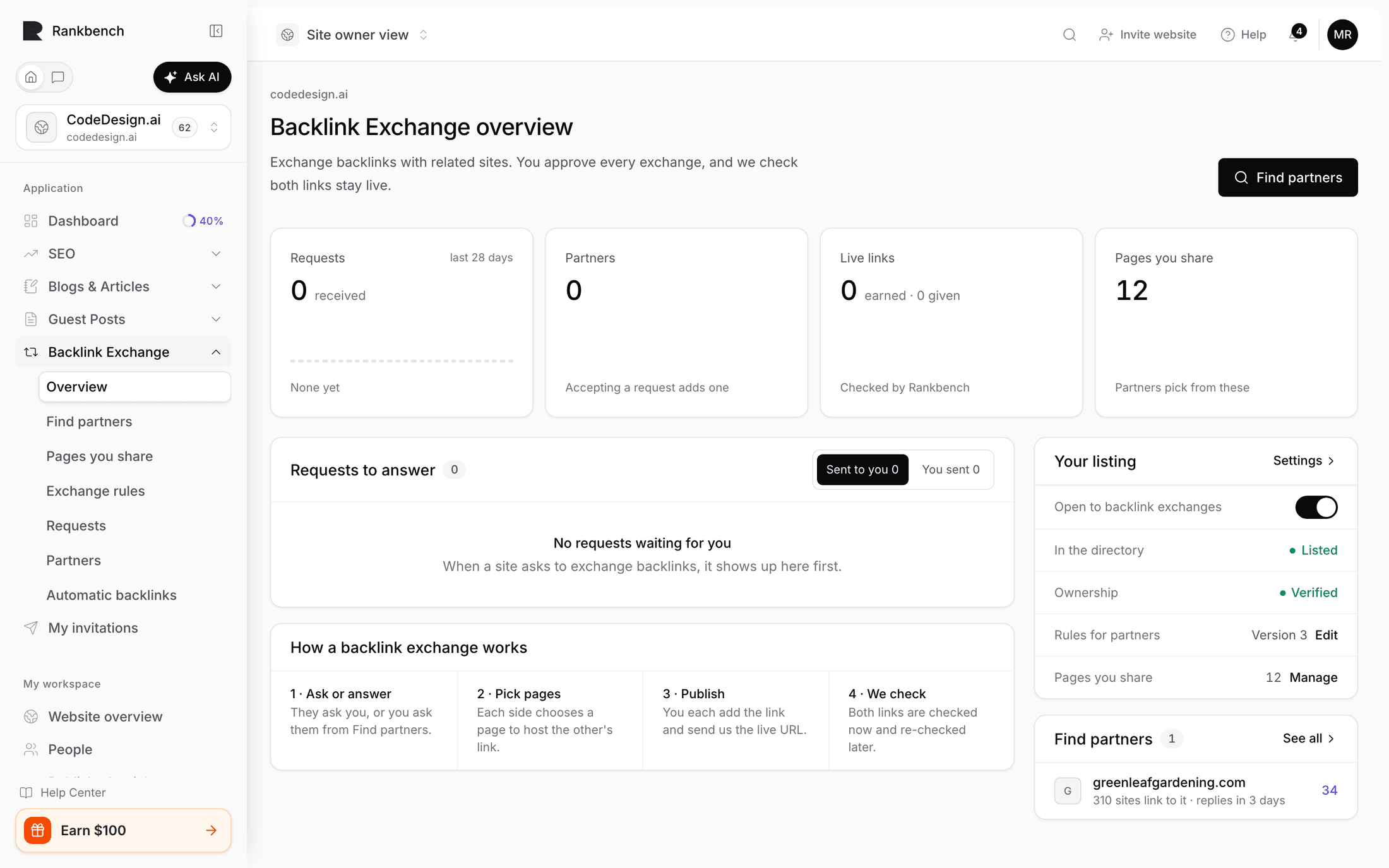 The Backlink Exchange overview: four numbers, requests to answer and exchanges in progress