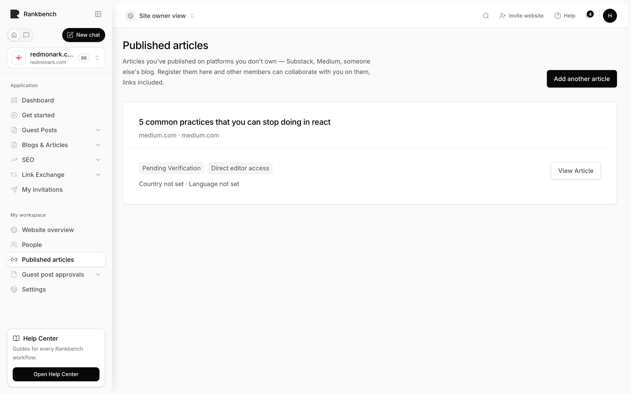 The list of registered published articles with their verification state