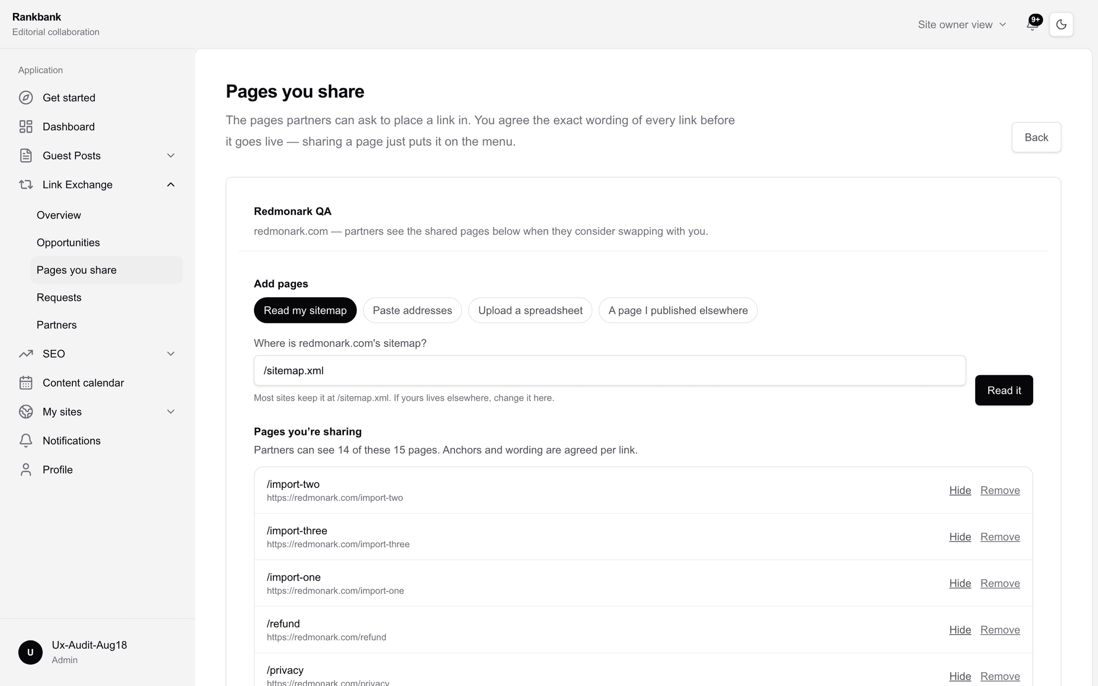 The four add-pages tabs: Read my sitemap, Paste addresses, Upload a spreadsheet, and A page I published elsewhere