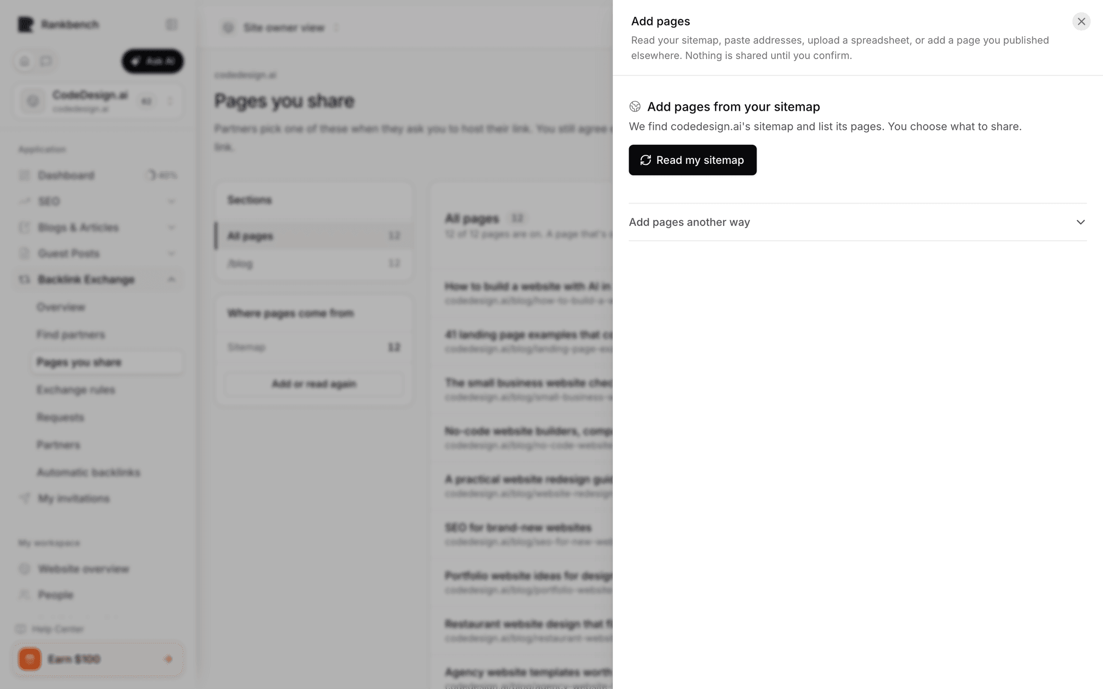 The four ways to add pages, with the sitemap option selected