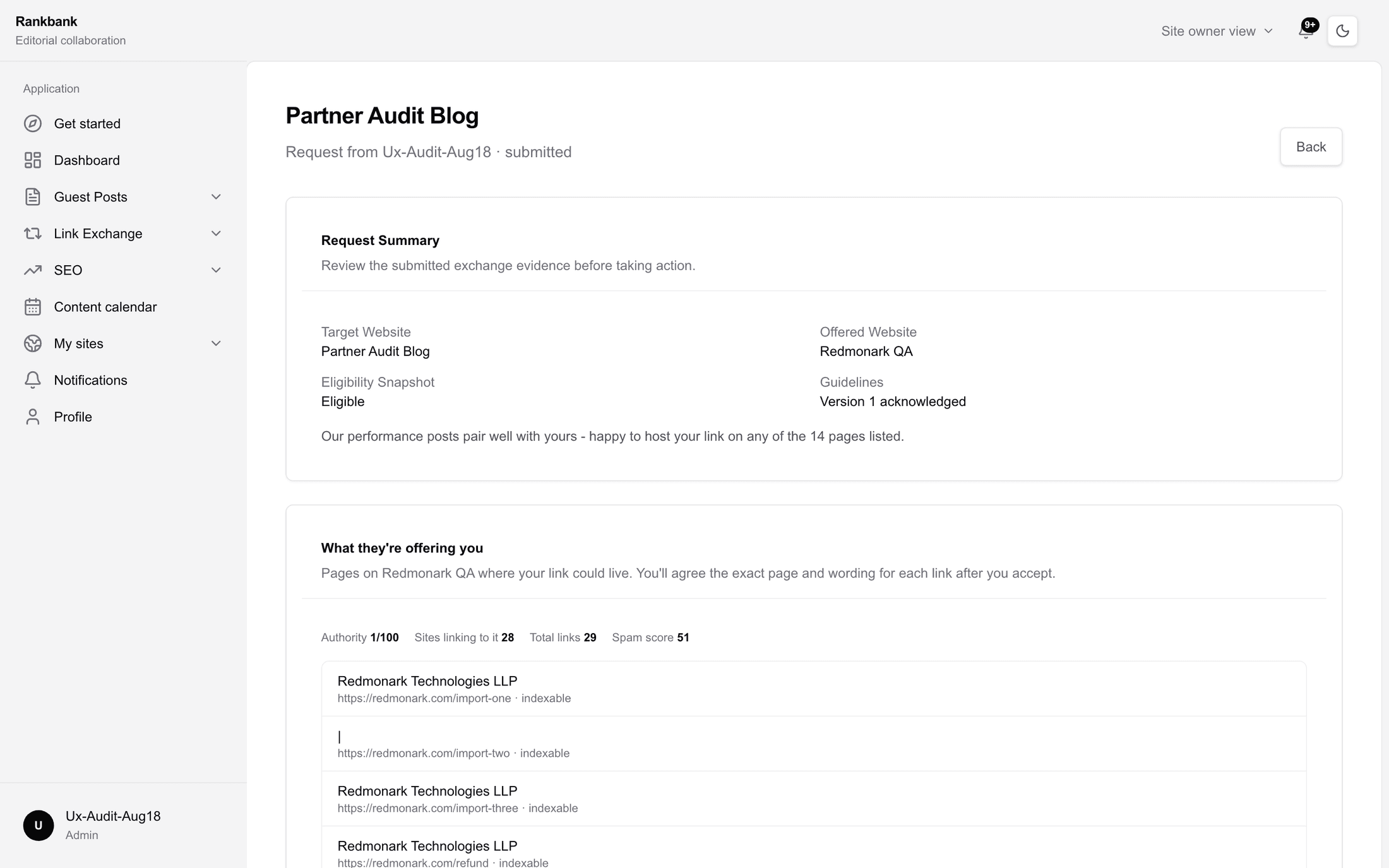 An incoming swap request showing the summary, the requester's note, and the pages they are offering