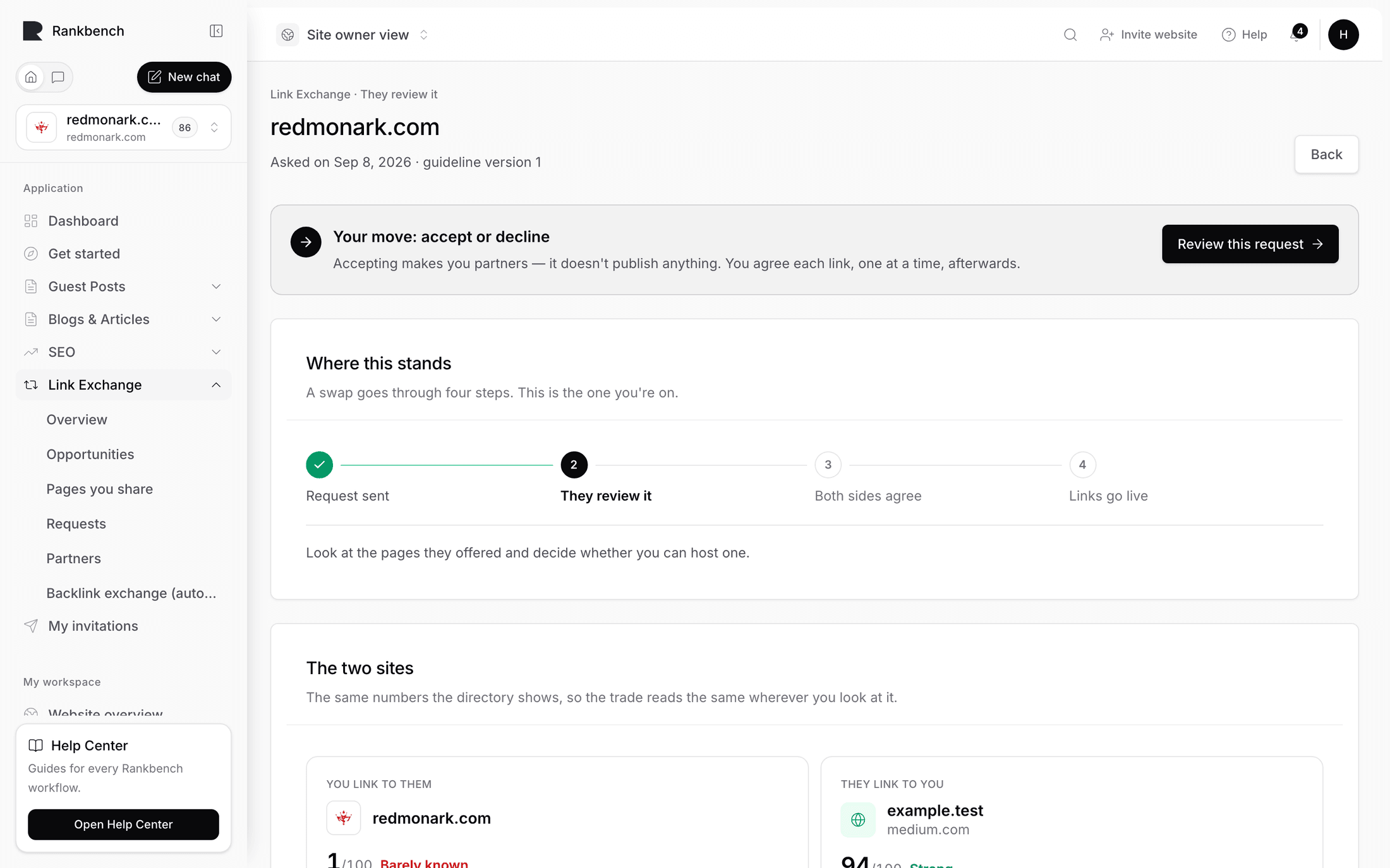 An incoming exchange request with both sites and the offered pages