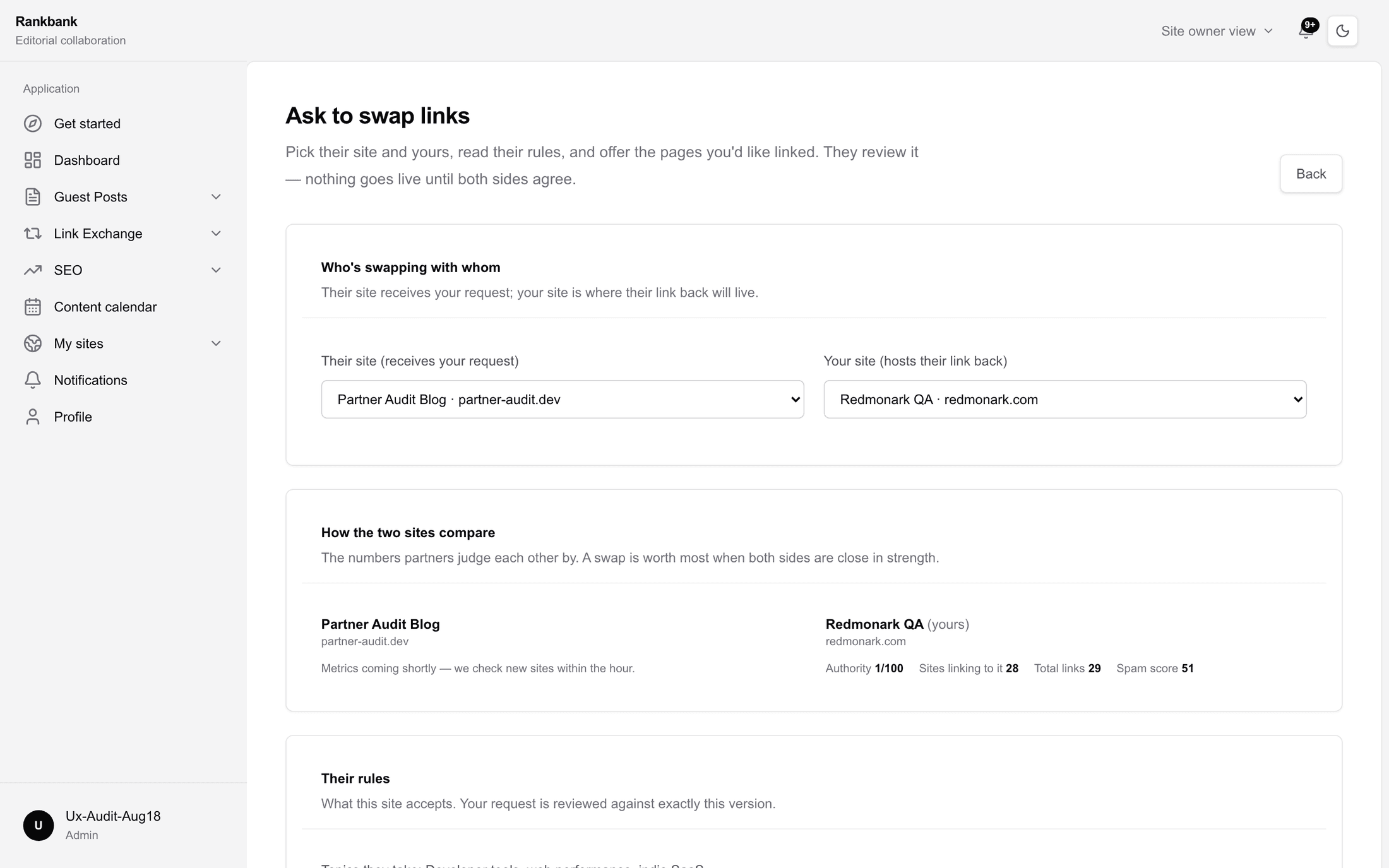 The swap request page with both sites chosen and the comparison card showing two metrics strips