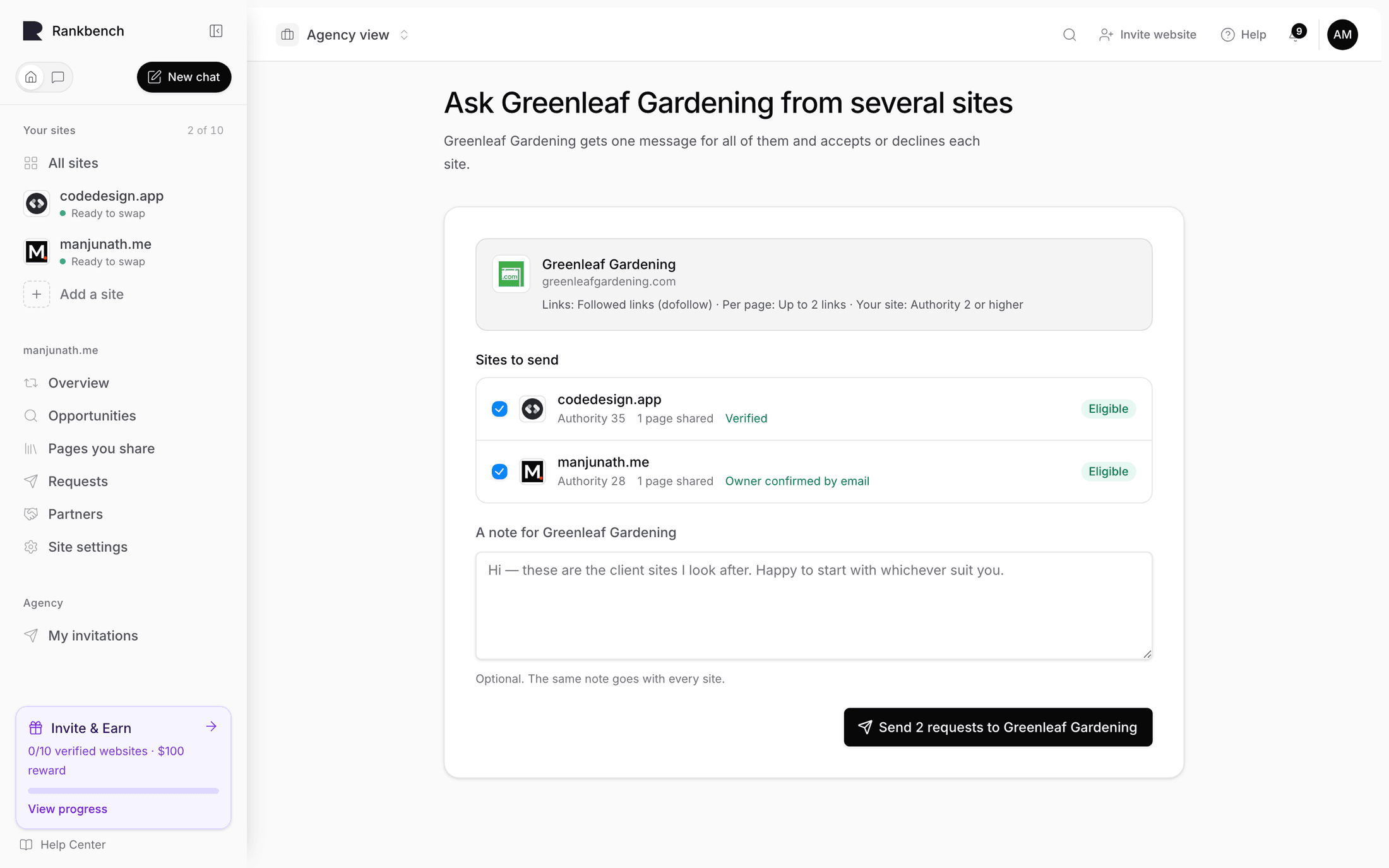 Asking one partner from two client sites, both eligible and ticked