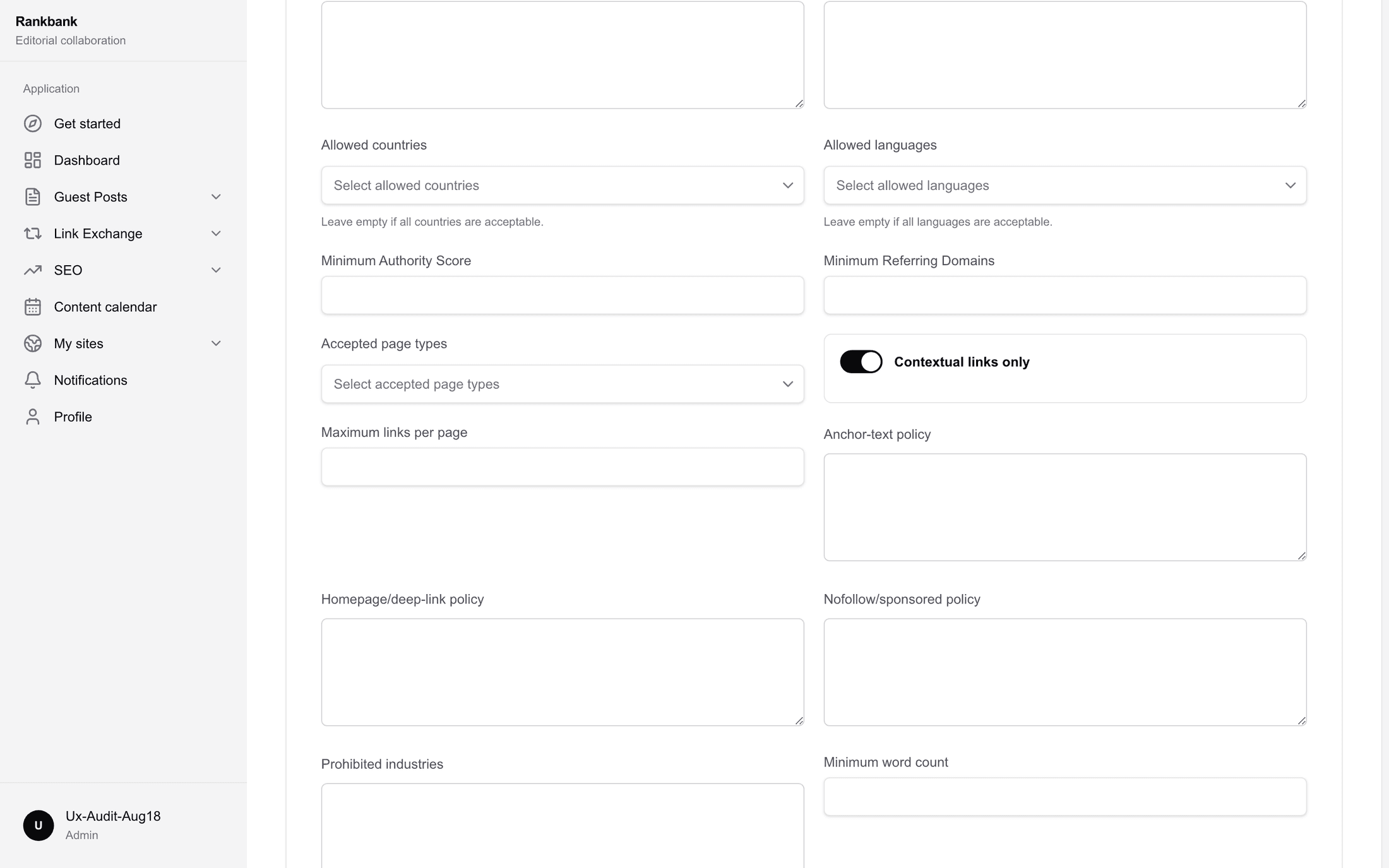 The Guidelines card with the authority and referring-domains minimums, anchor policy, and expected review days