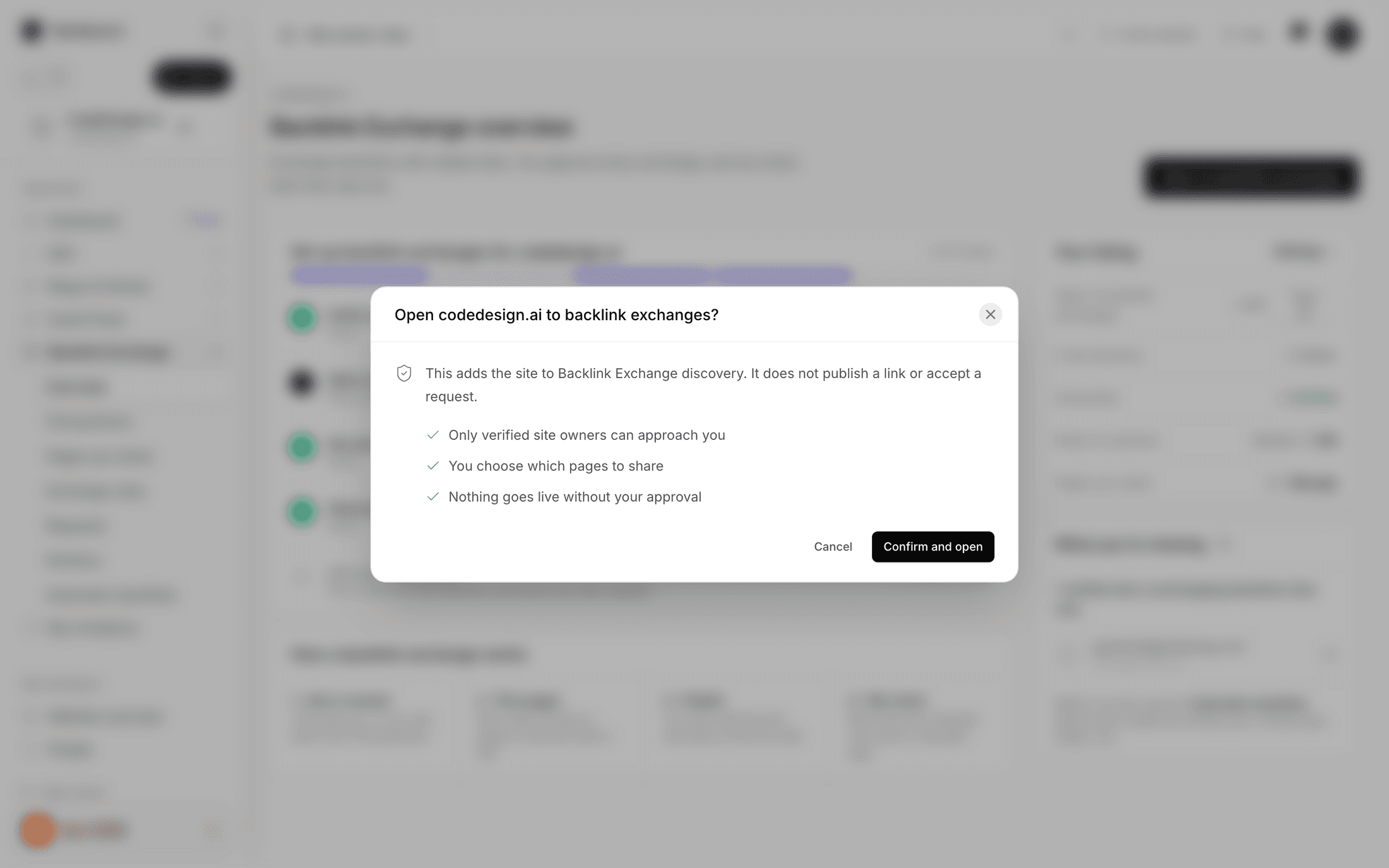 The dialog that opens a site to backlink exchanges