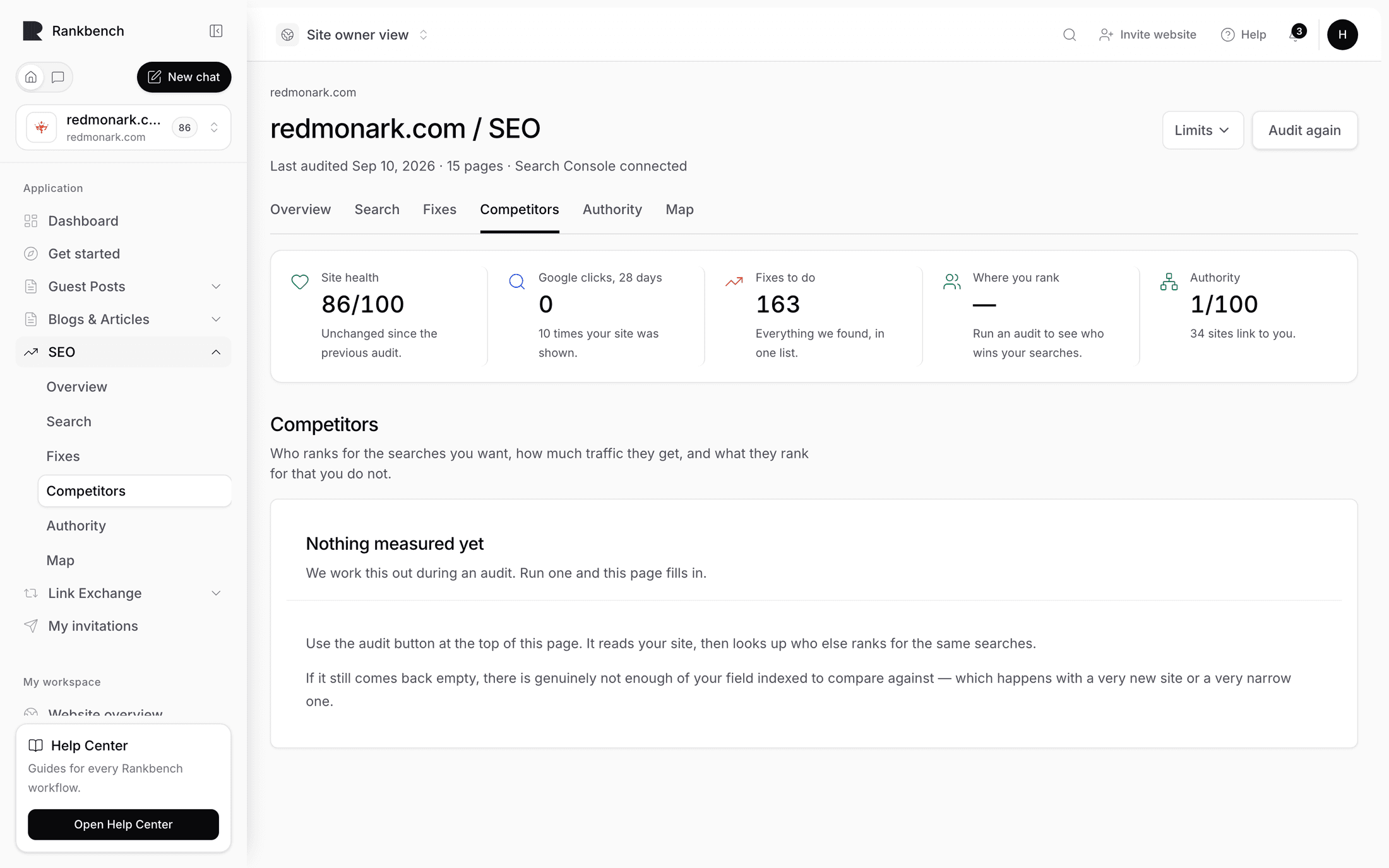The competitors tab with peers on the same scale and the keyword gap
