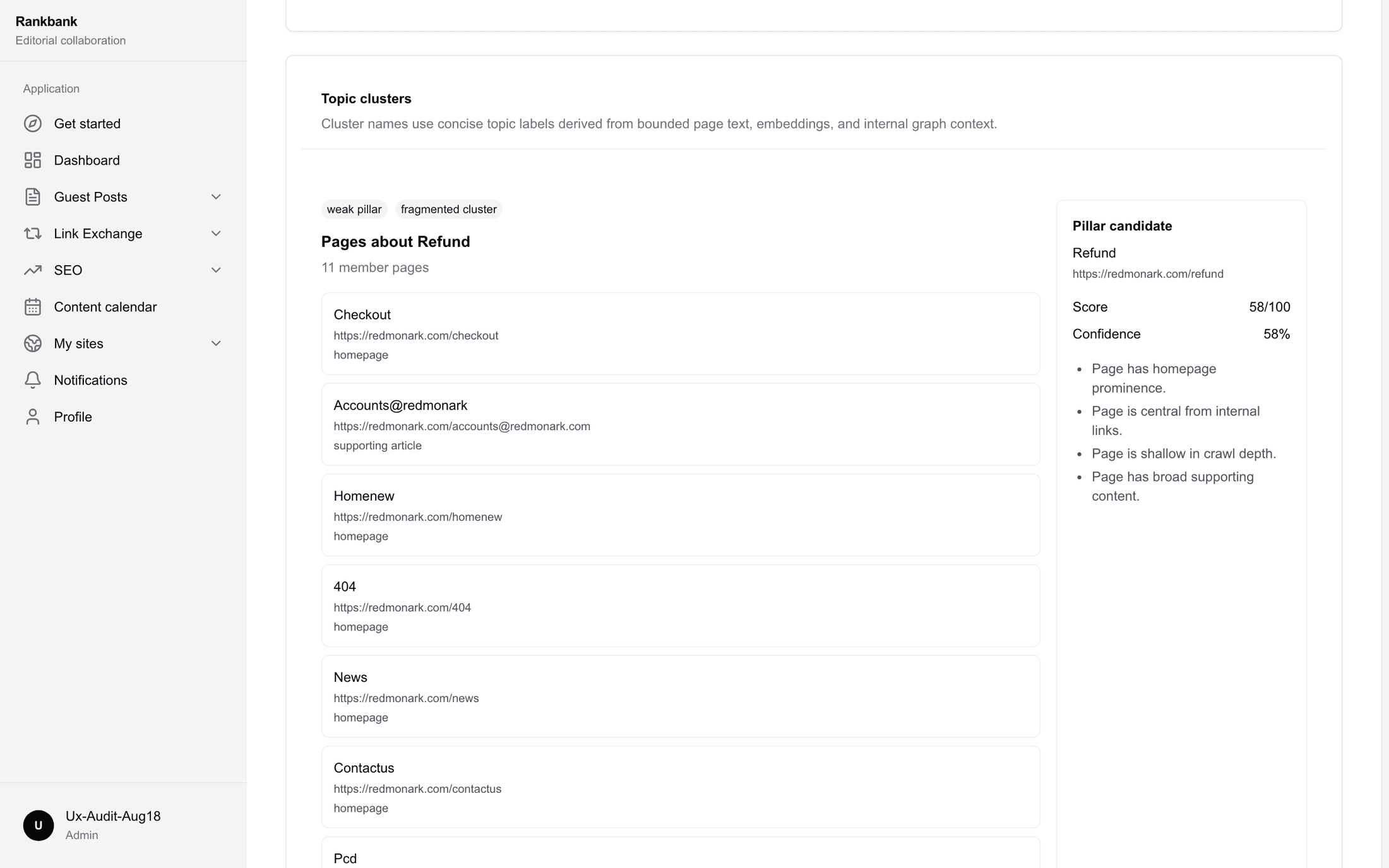 A topic cluster card showing member pages and the pillar candidate with its score and confidence