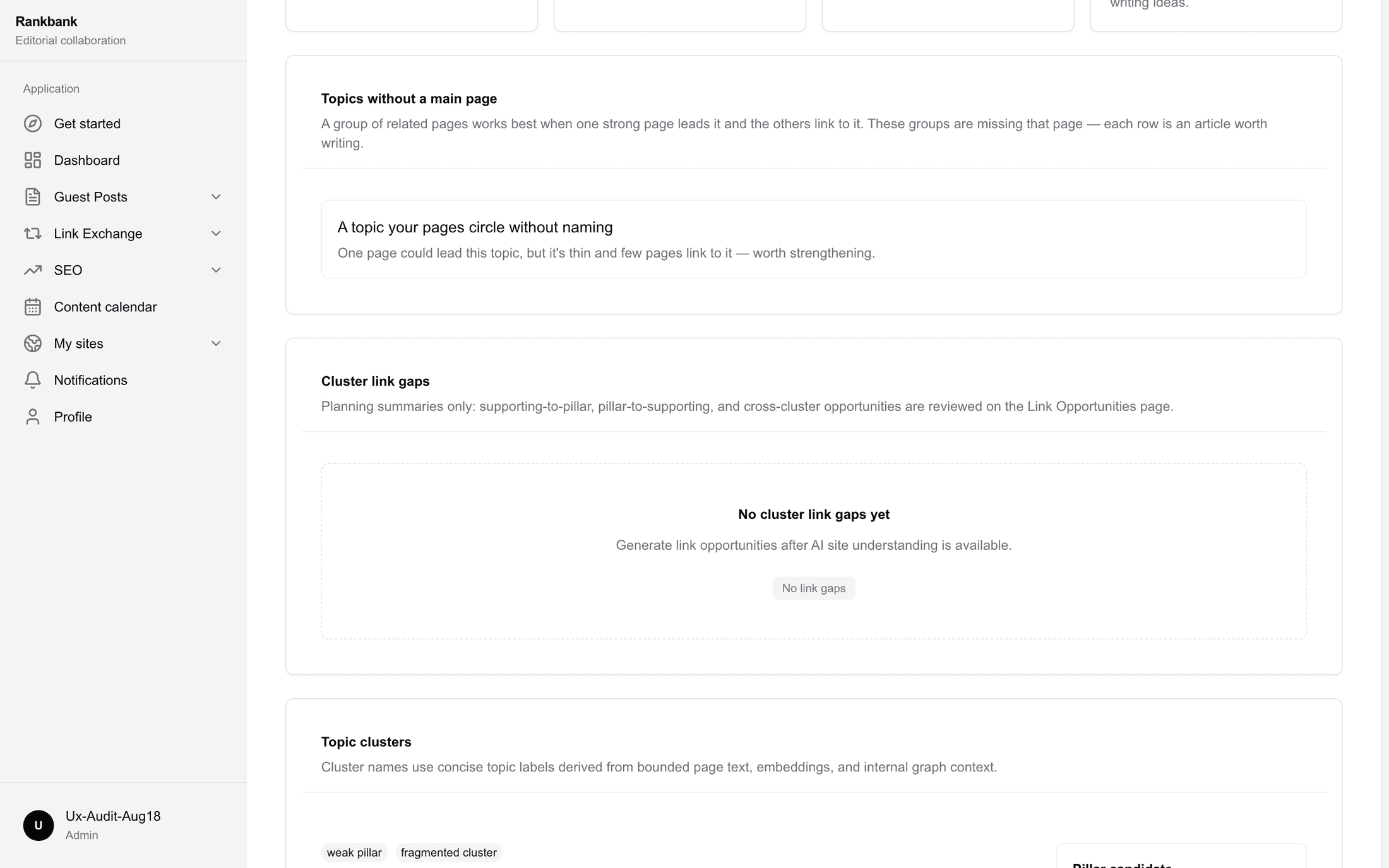 The Topics page with a missing-pillar row naming a topic and its reason