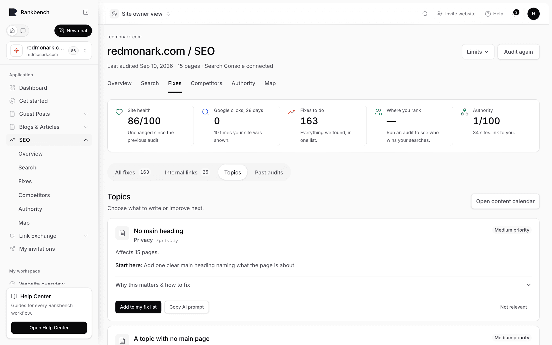 The topics view showing clusters and the ones with no lead page