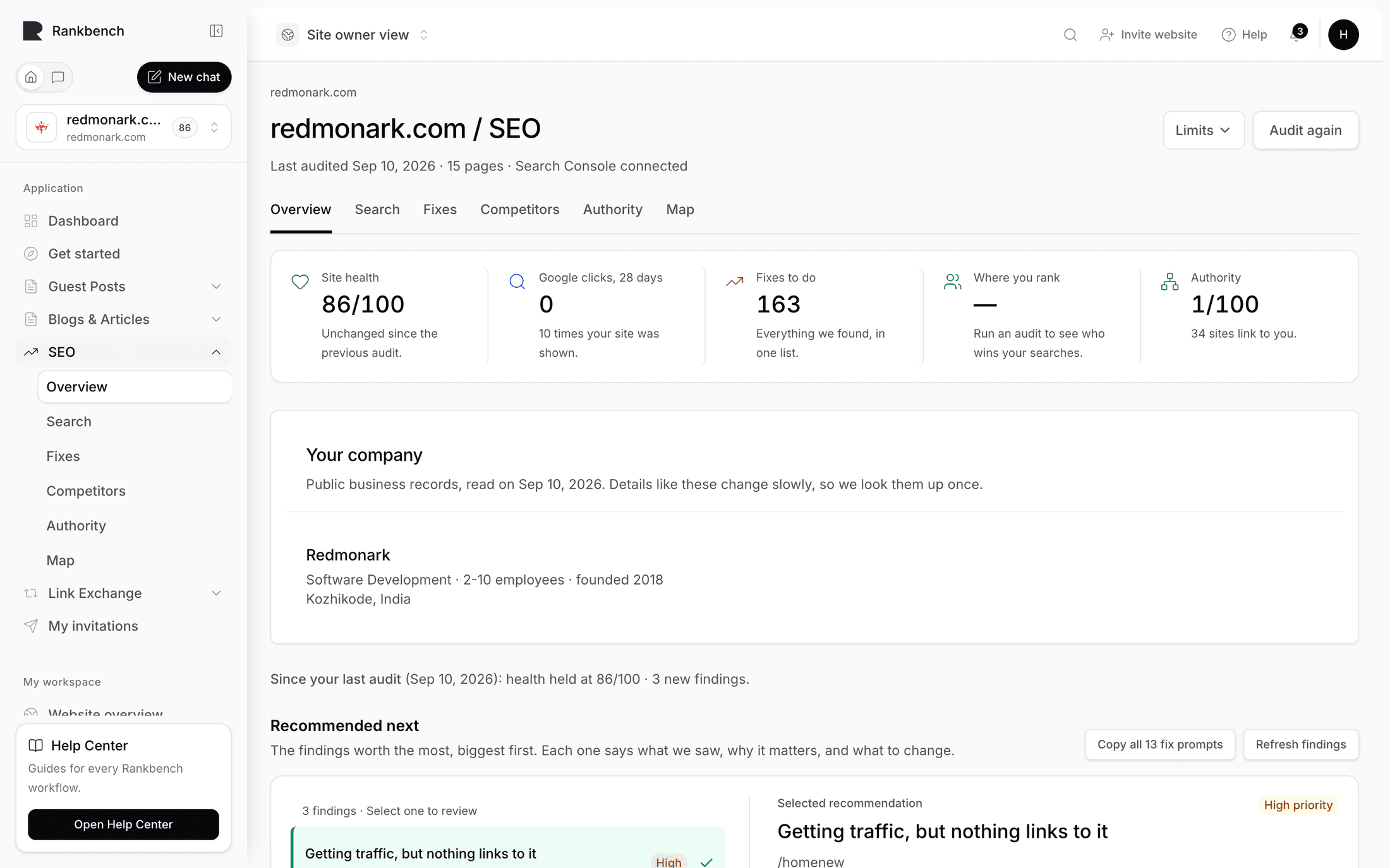 The audit control at the top of the SEO workspace