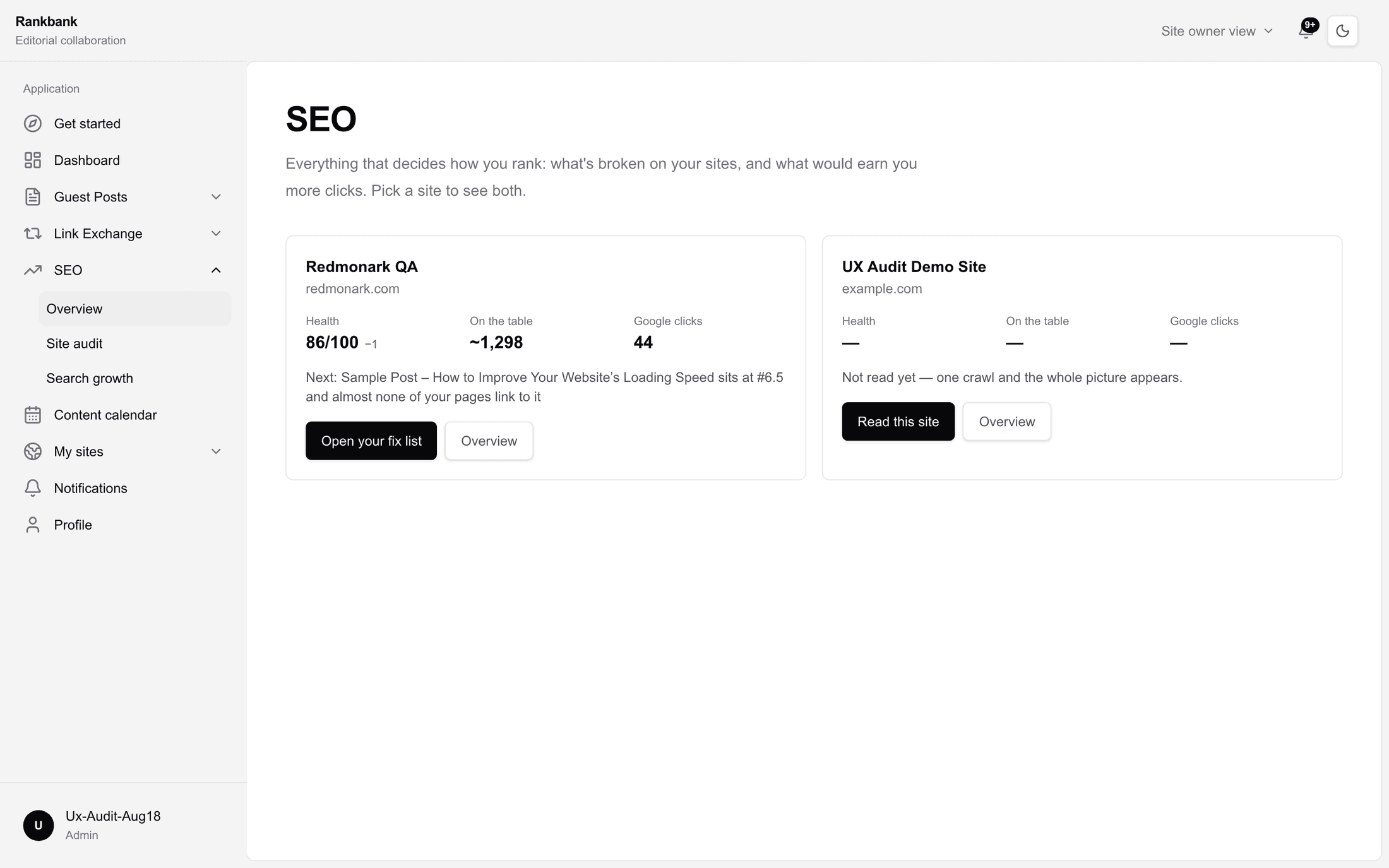 The all-sites SEO page showing two site cards with health scores, potential clicks and click sparklines
