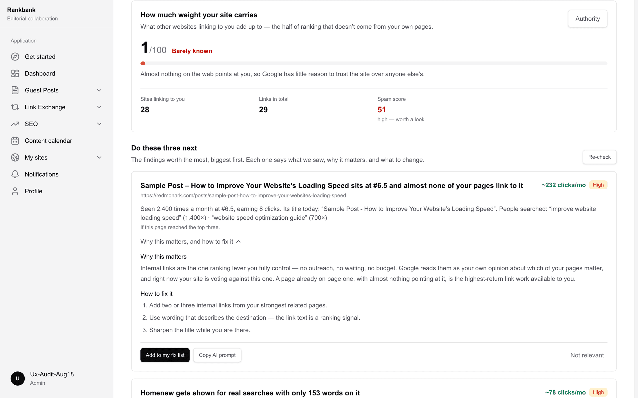 The "Do these three next" section with three finding cards, the first one expanded to show why it matters and how to fix it