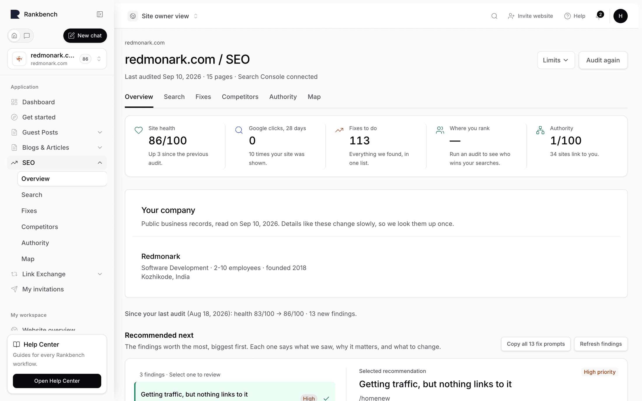 The SEO overview with the figures across the top and the recommendation below
