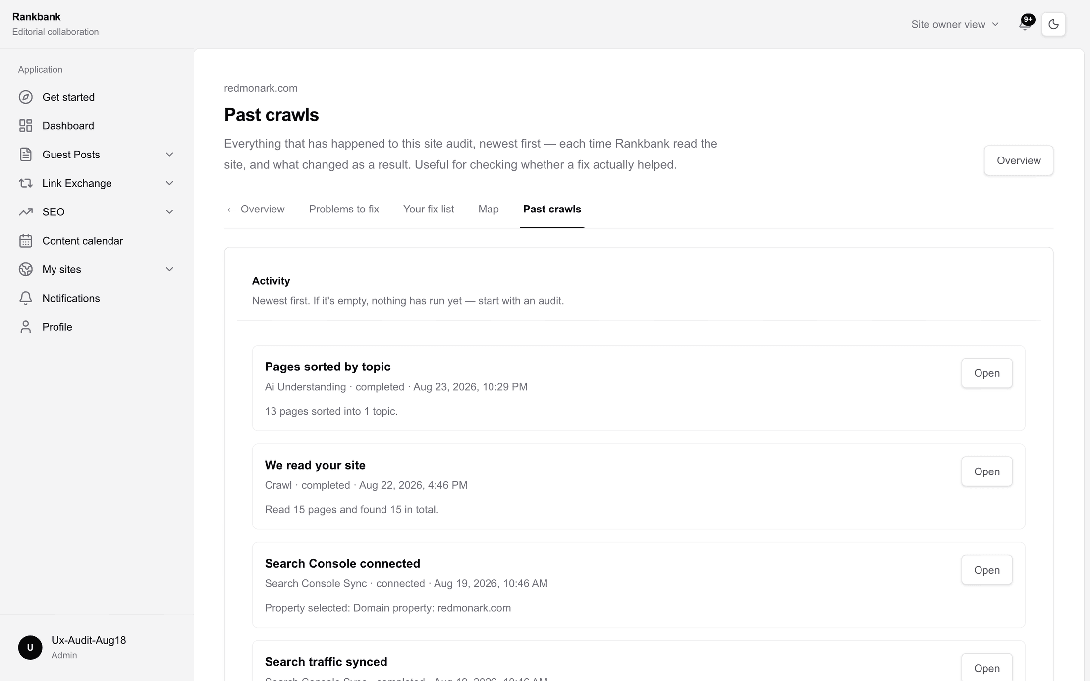 The Past crawls page with several activity events, each with its metadata and Open button