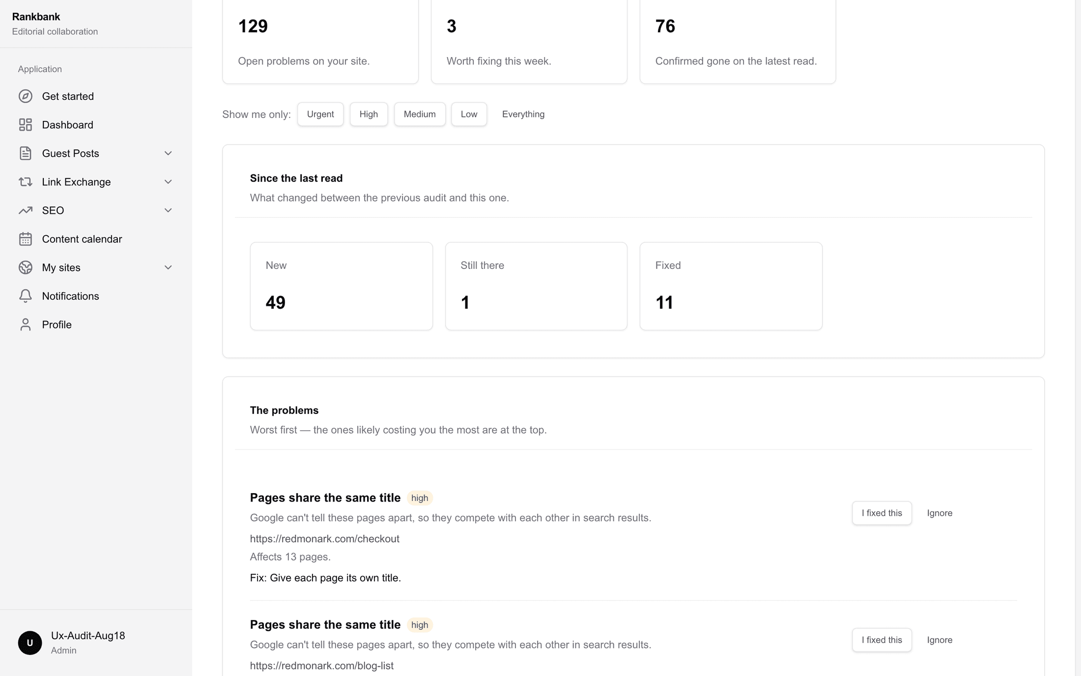 One problem row on the Problems to fix page, showing the title, the meaning, the URL and the Fix line