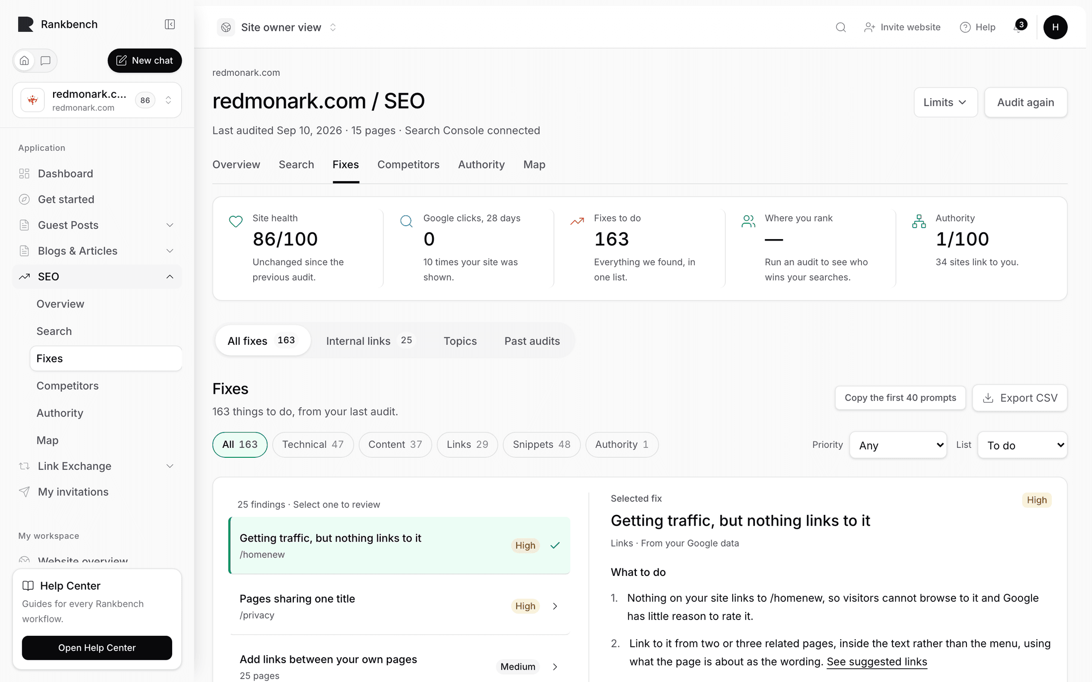 The Fixes tab with its kind and priority filters above the list