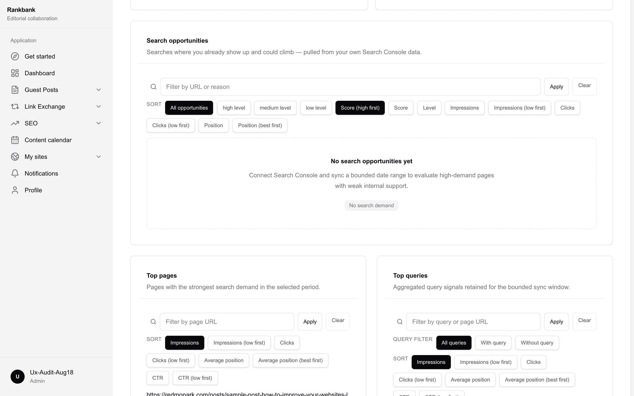 The search opportunities list with levels, scores and the reason bullets under each