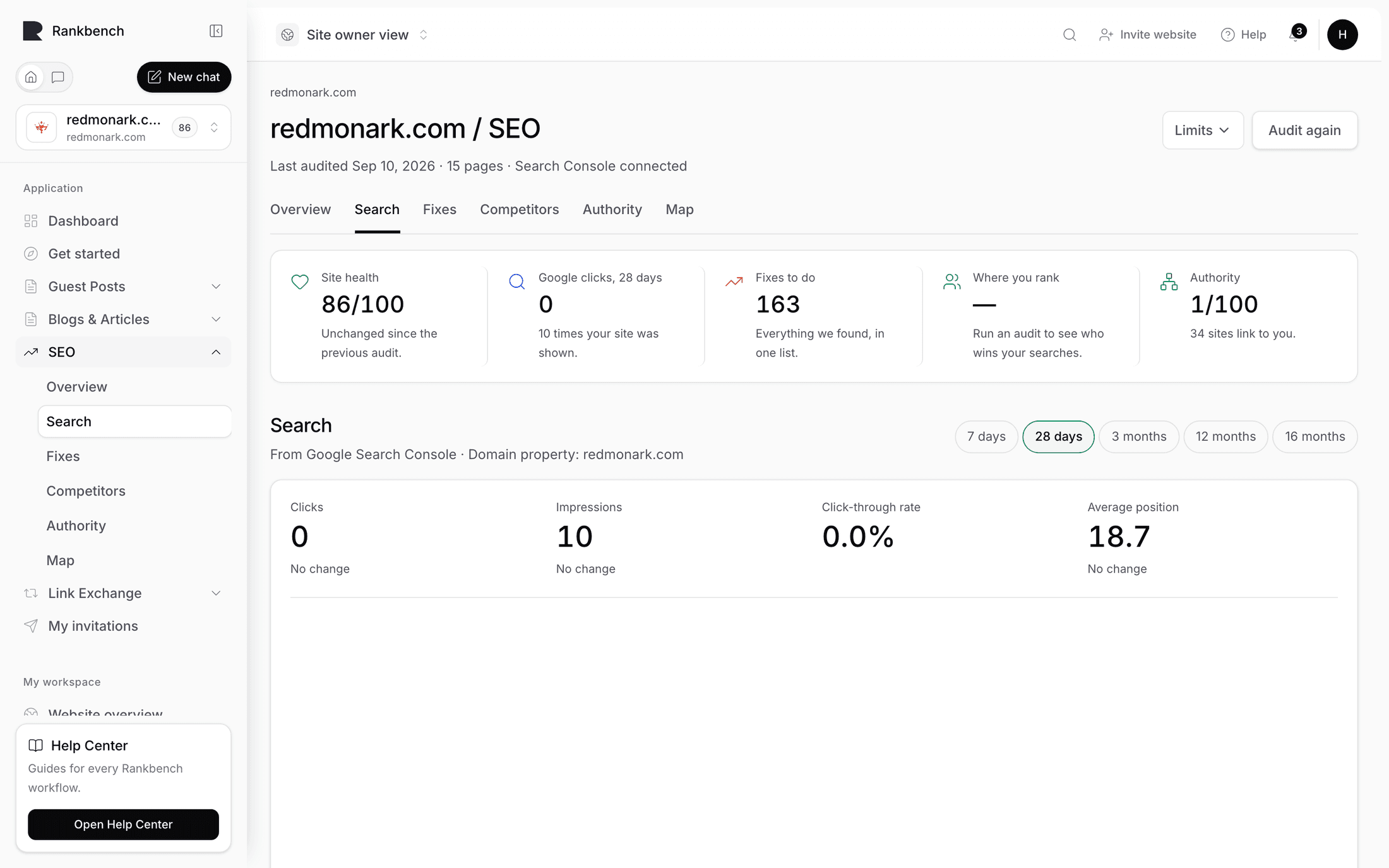The Search tab with its four figures and the daily clicks chart