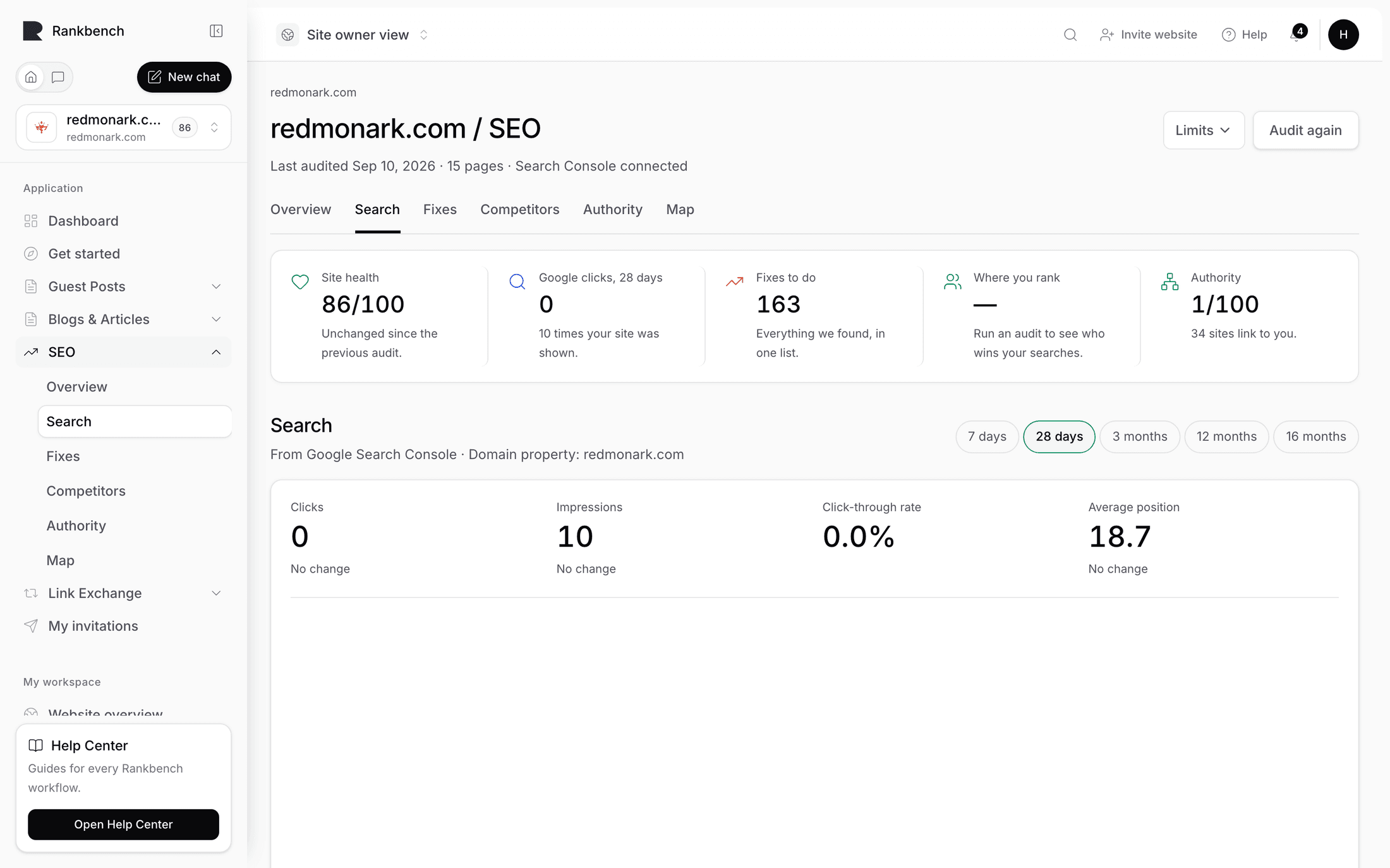 The Pages table with clicks, impressions, position and change