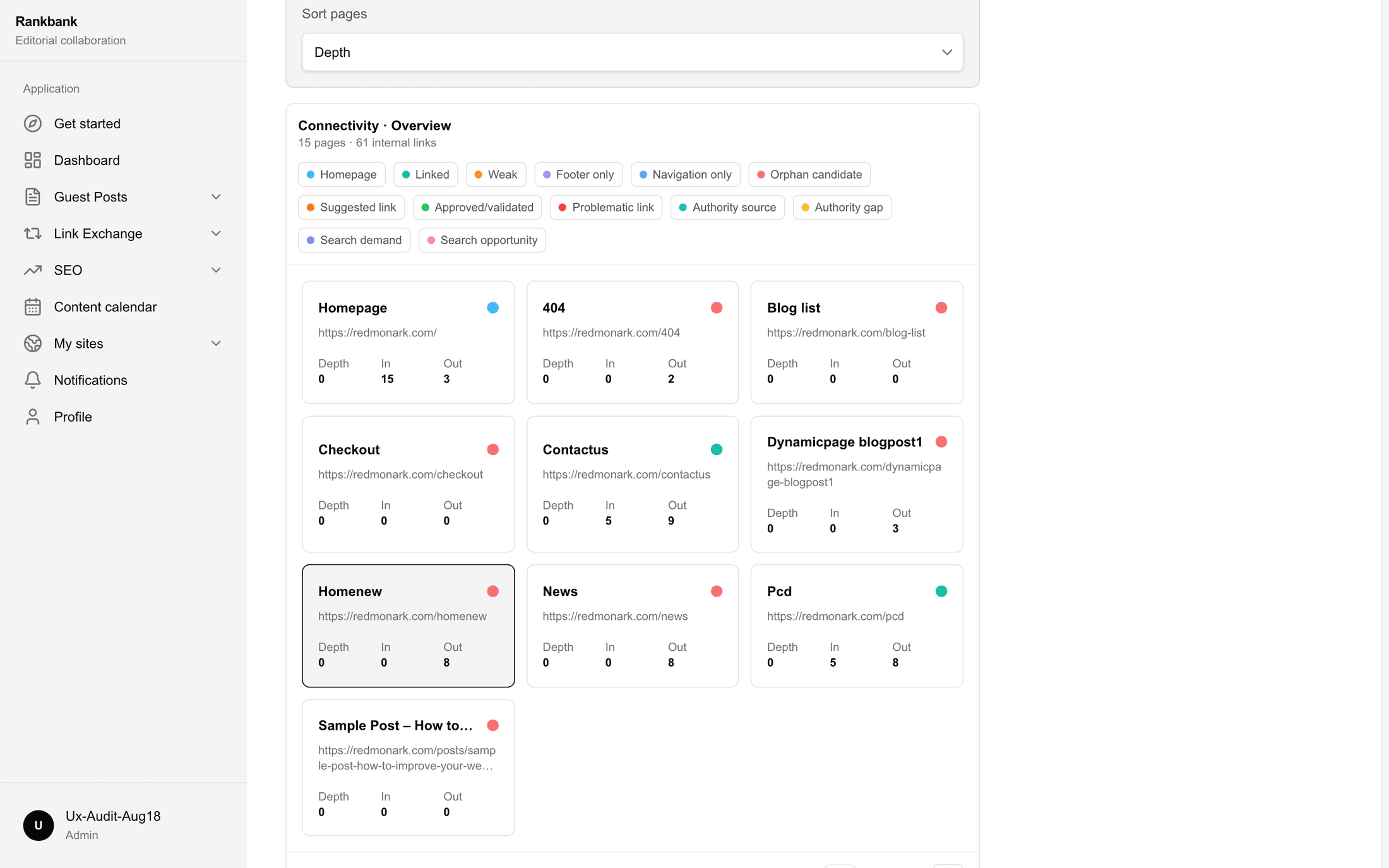 The connectivity tiles view showing pages grouped by their connectivity state