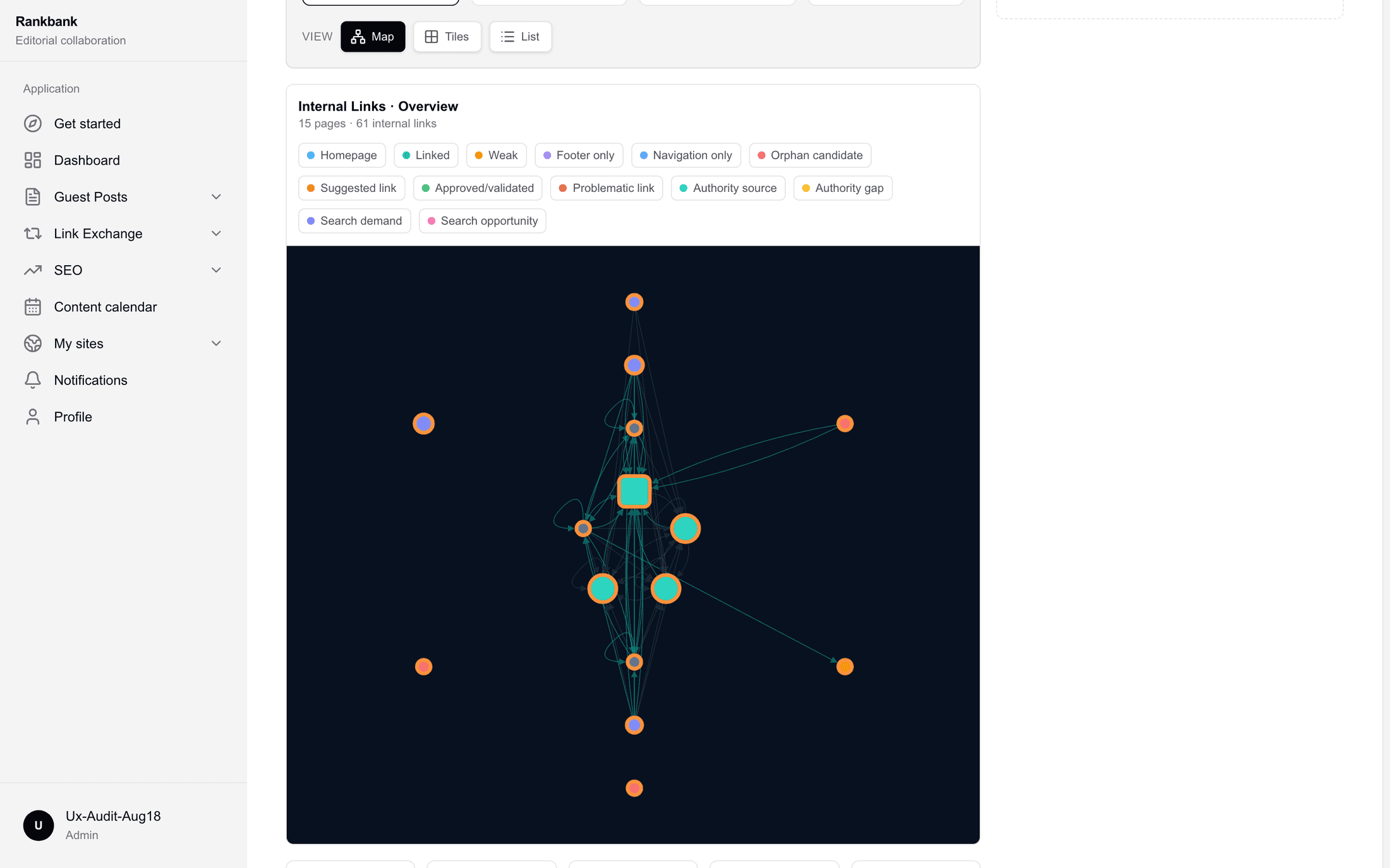 The site map in the Overview preset, showing the crawl shape with the homepage at the centre
