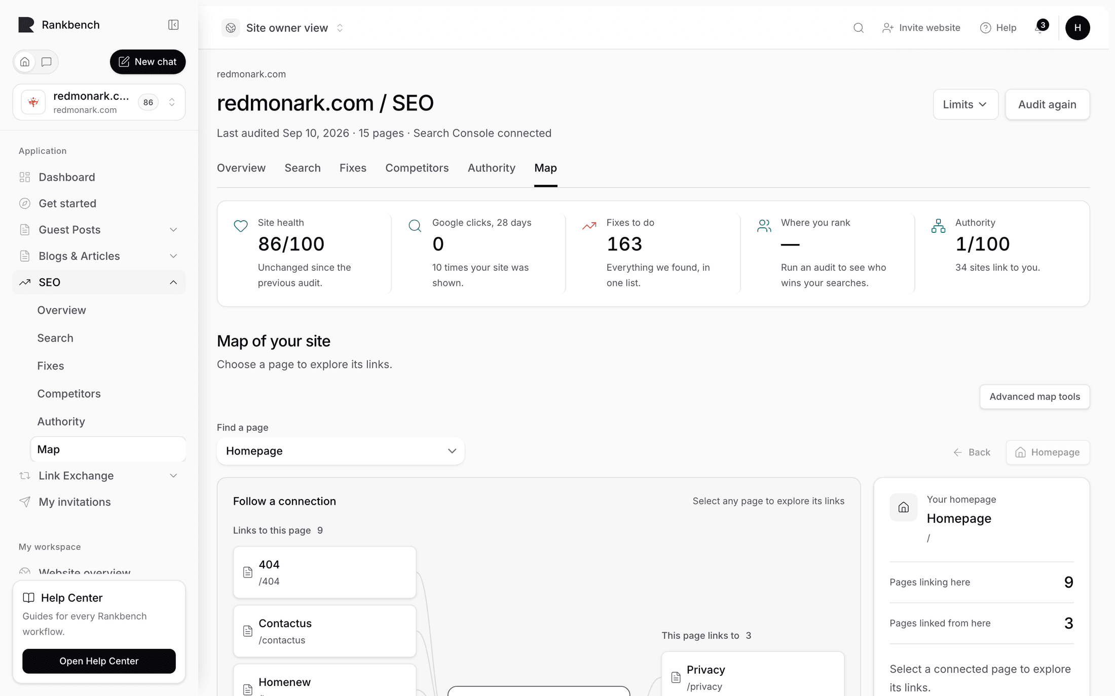 The map with a page selected, its incoming and outgoing links listed