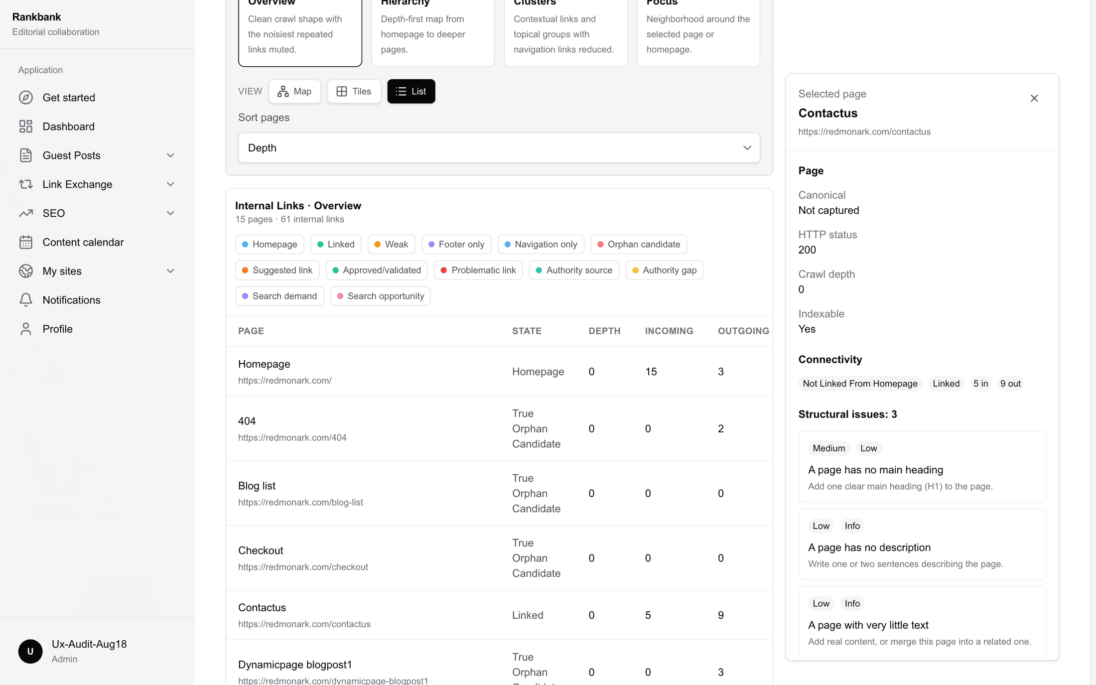 The page detail panel open beside the map, showing connectivity, incoming links with anchors, and issues