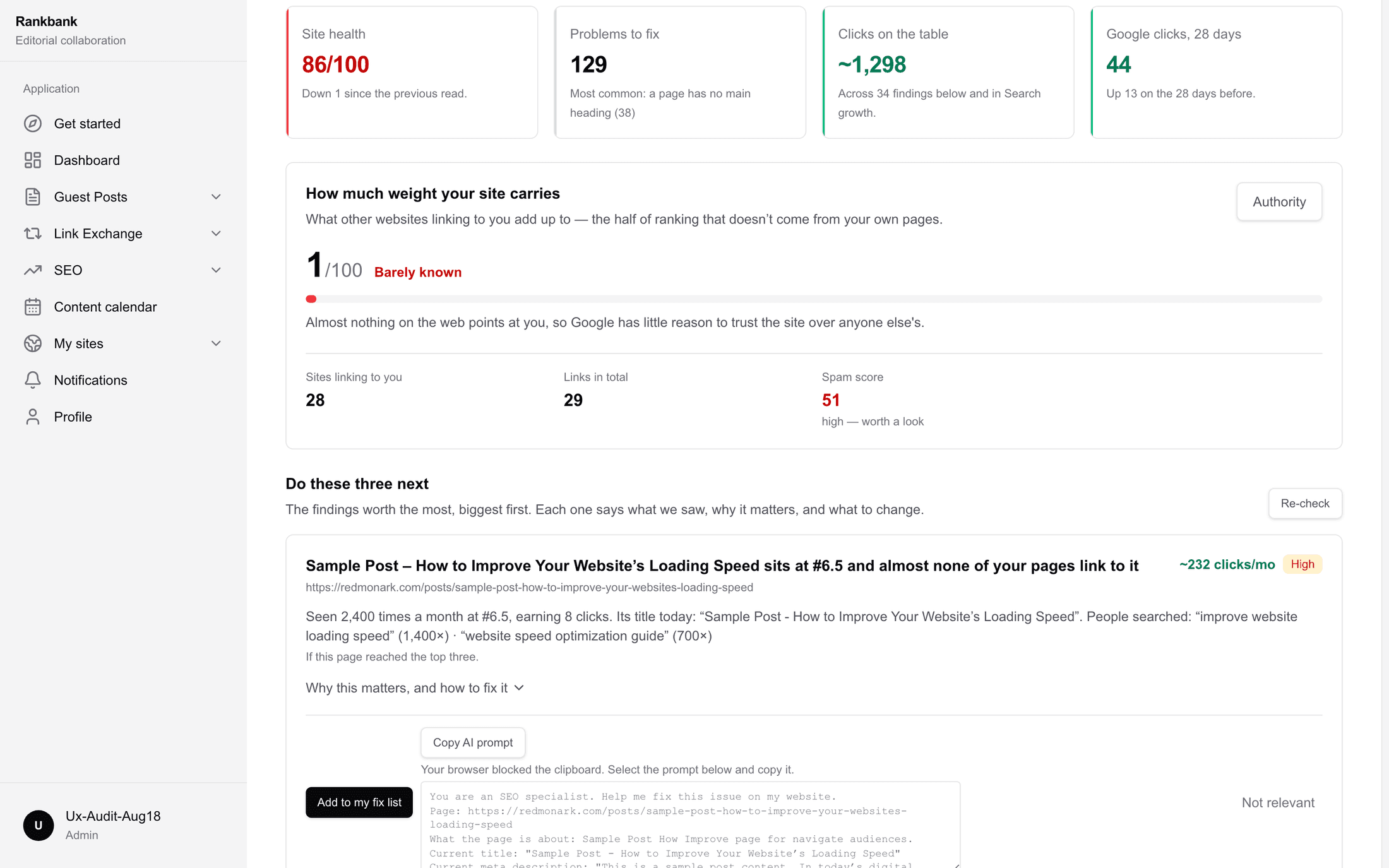 The finding card after pressing Copy AI prompt, showing the Copied state and the note about pasting it into an AI tool
