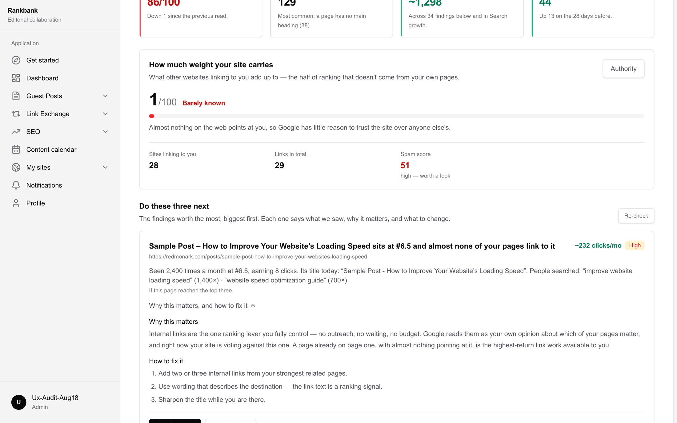 A finding card headed Ranks well, wins few clicks with a High badge, the evidence line, the estimated monthly clicks, and the disclosure Why this matters, and how to fix it