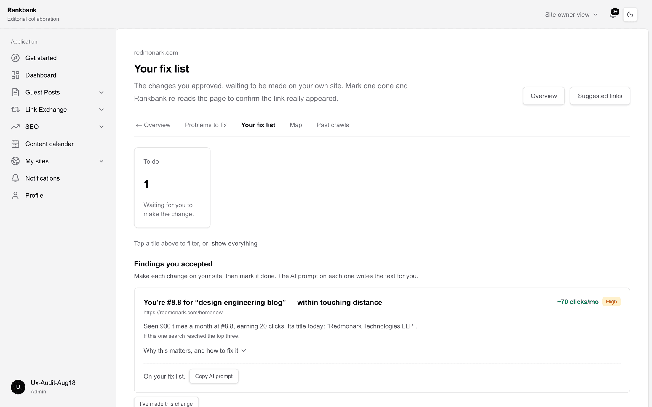 The fix list showing accepted findings and link tasks in mixed statuses across the tiles To do, In progress, Done checking, and Confirmed