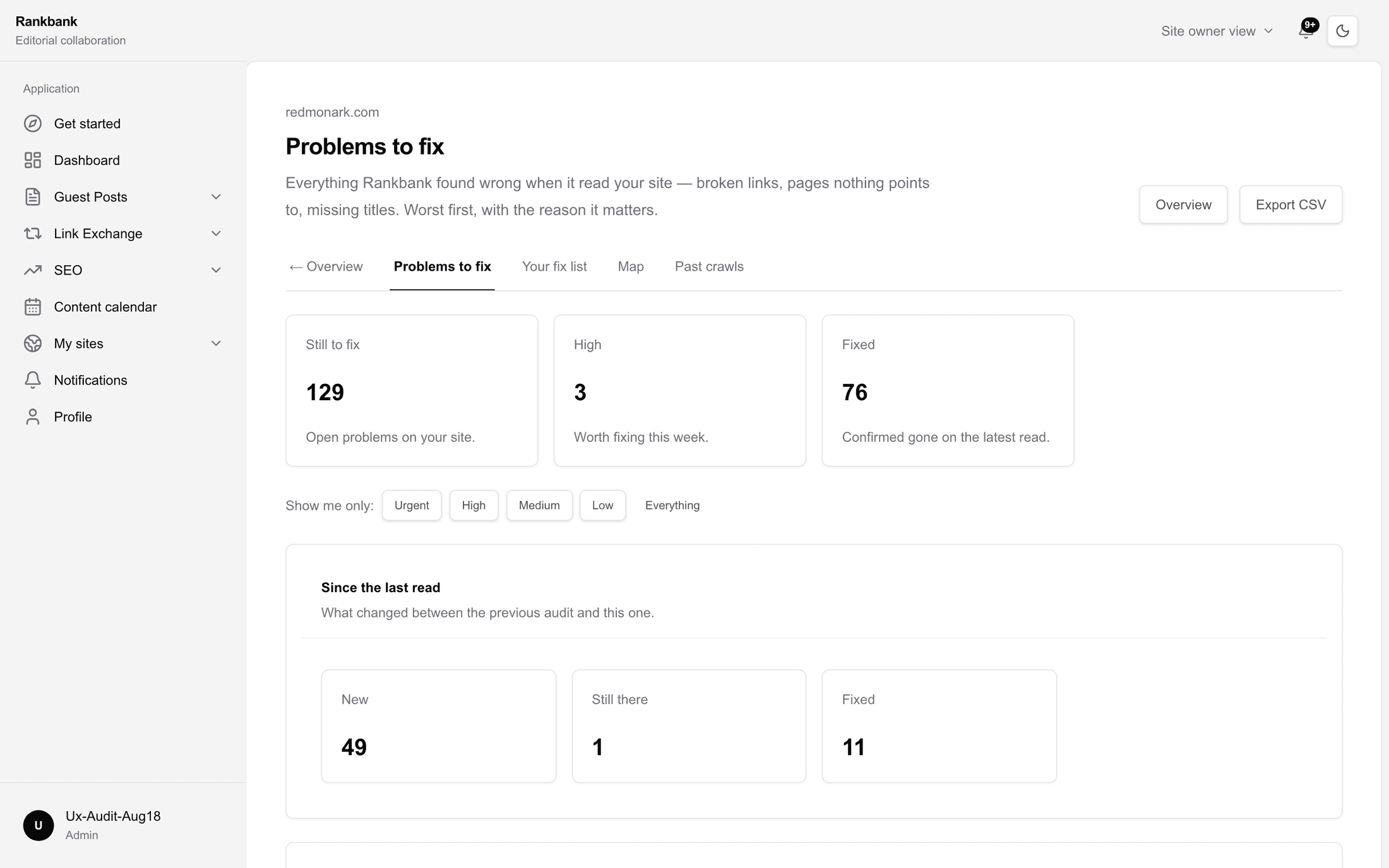 The Problems to fix page with the summary tiles Still to fix, Urgent, High, Fixed and Came back above a list of problem rows