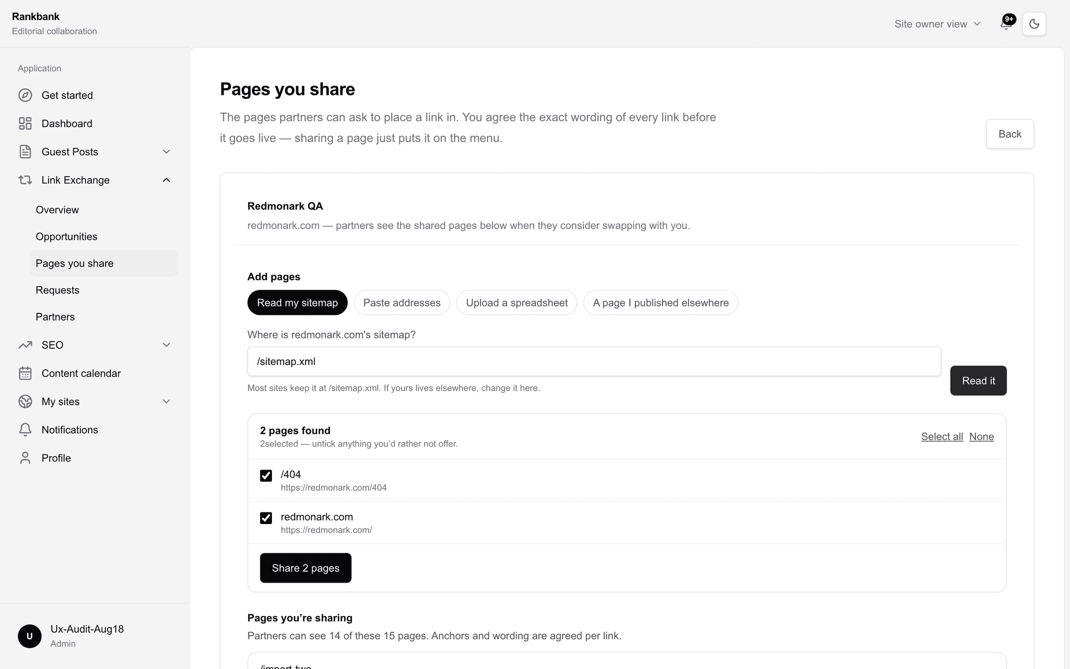The review step showing pages found, a selection count, and the Share N pages button