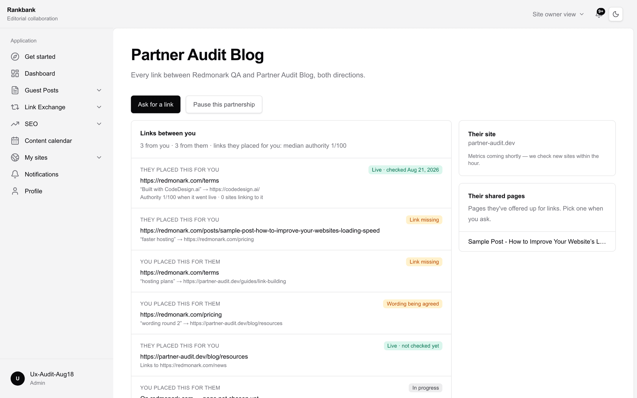 The partner ledger showing one live and checked link with its direction label, anchor and authority figures