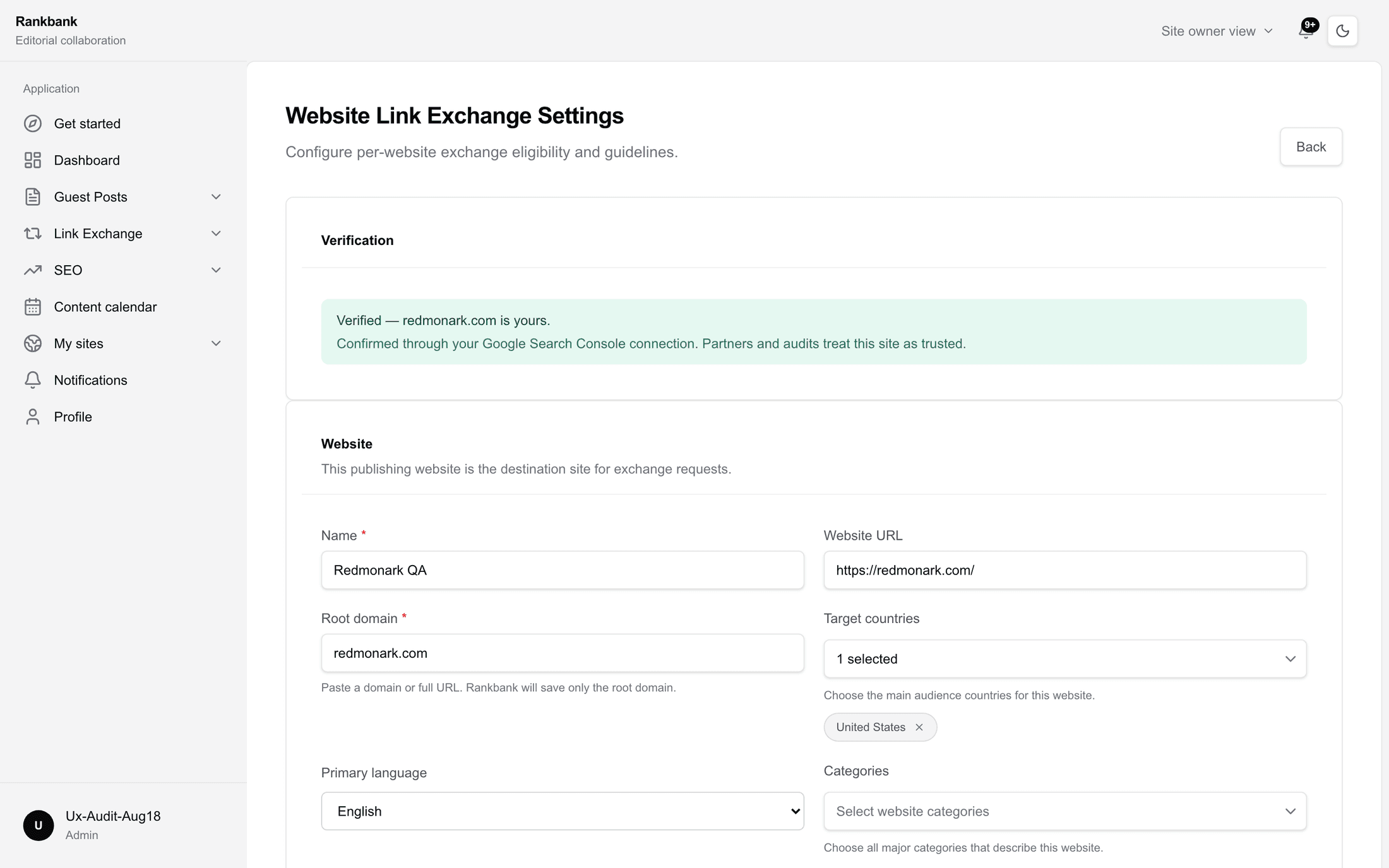 The link exchange settings showing collaboration access switches and the guidelines card with its numeric thresholds