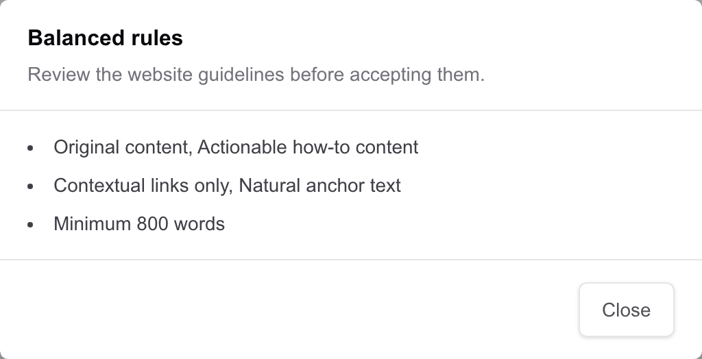 The guidelines modal listing accepted topics, content requirements, link rules and a minimum word count