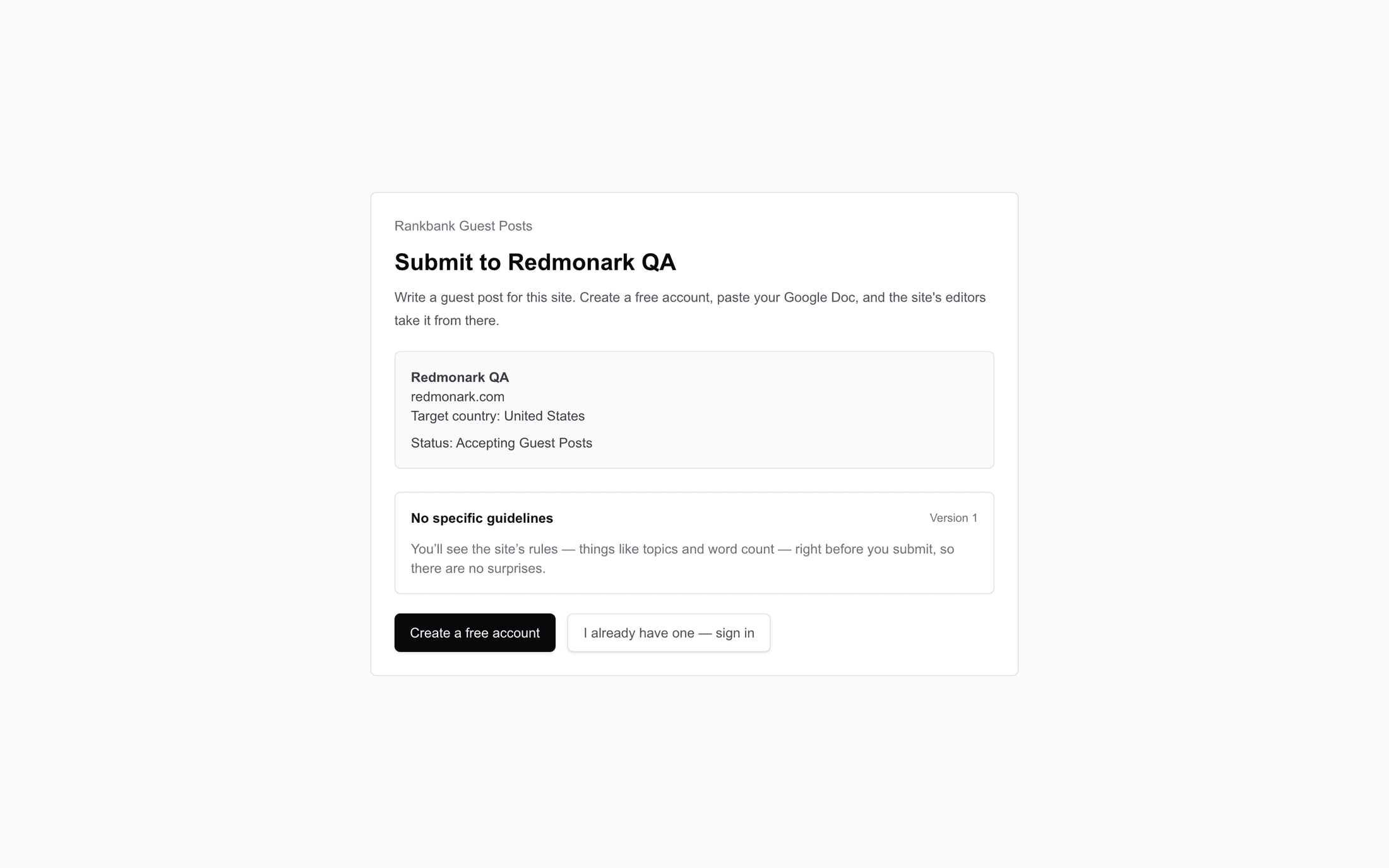 The public submission landing page showing the site name, its domain, target country, categories, and a status line reading Accepting Guest Posts