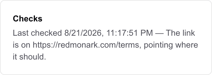 The Checks panel on a verified link showing the last checked time and a summary confirming the link is present