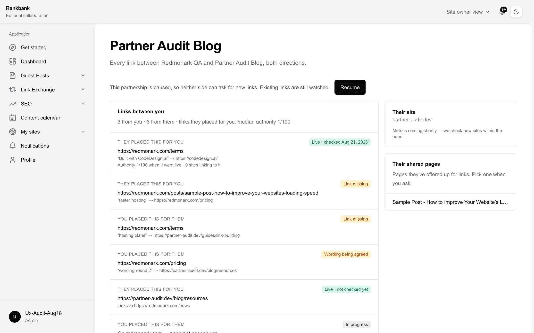 The partner page showing the paused state with its explanation and the resume control