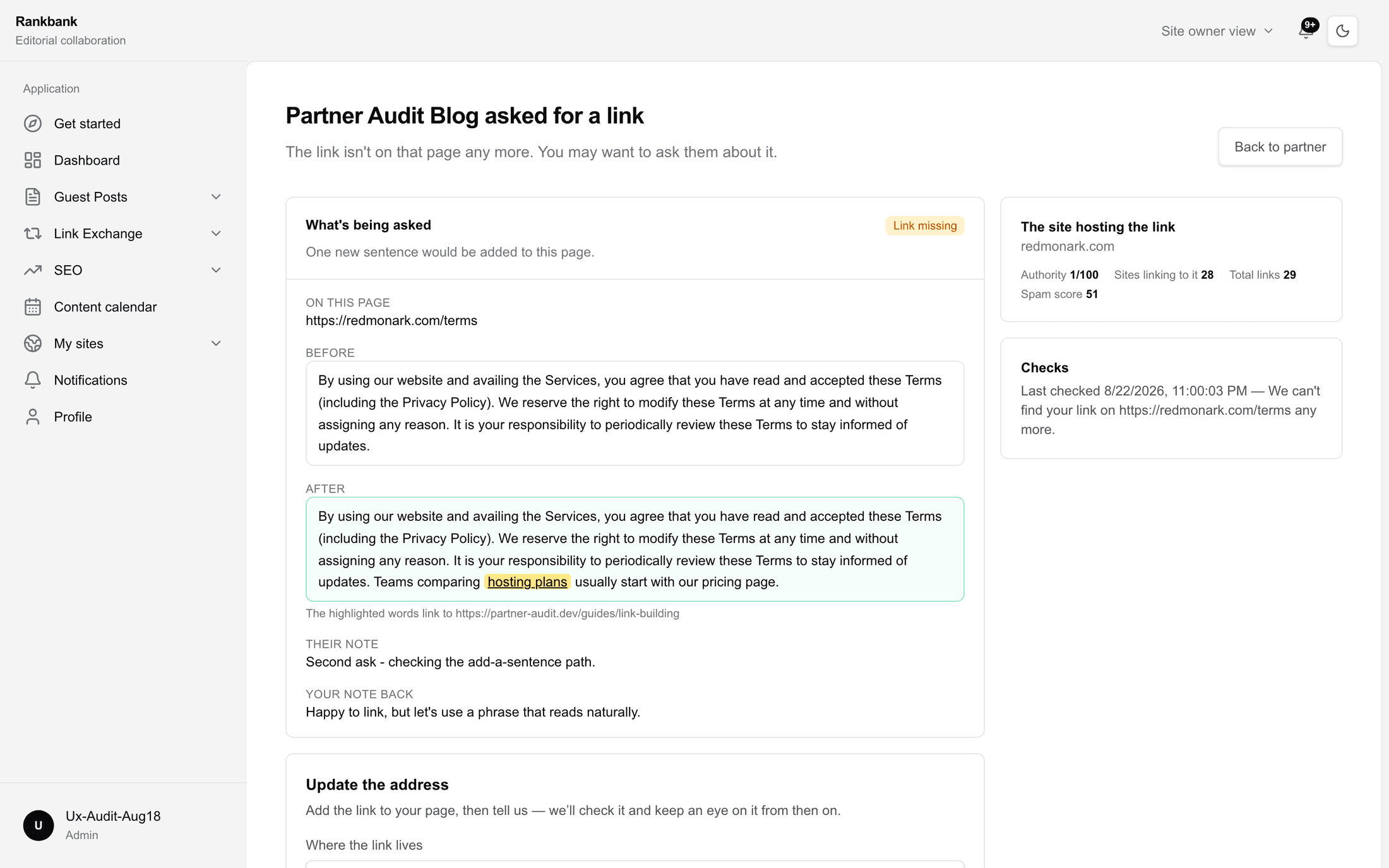 The requester's view of a suggested wording change, showing the After block with the partner's version and the buttons to accept or send your own back