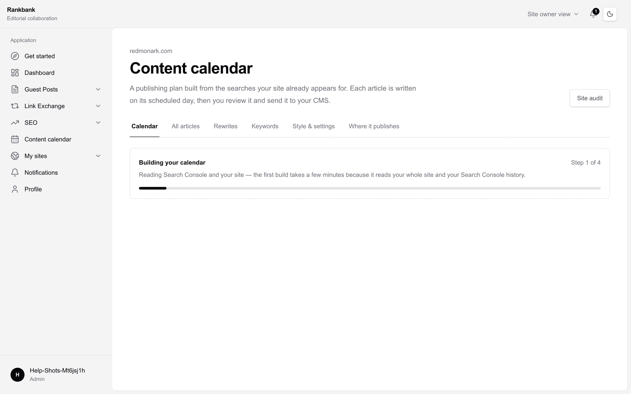 The build progress banner showing Building your calendar with a progress bar and the current step