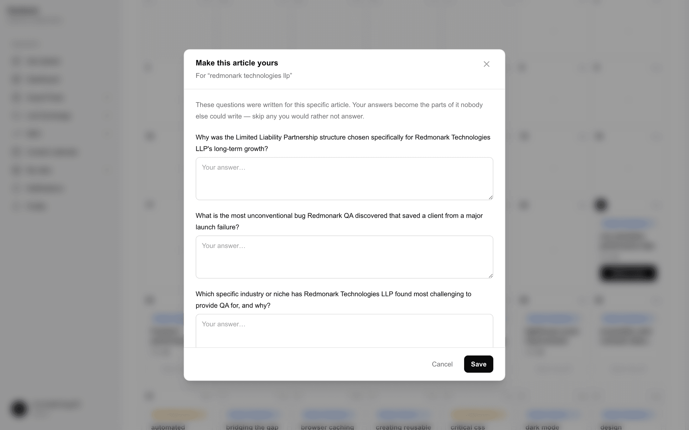 The interview questions dialog with several topic-specific questions and answer boxes