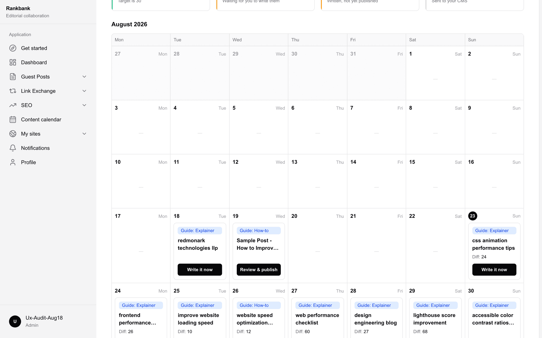 The populated month grid with stat tiles above it and day cells in several states