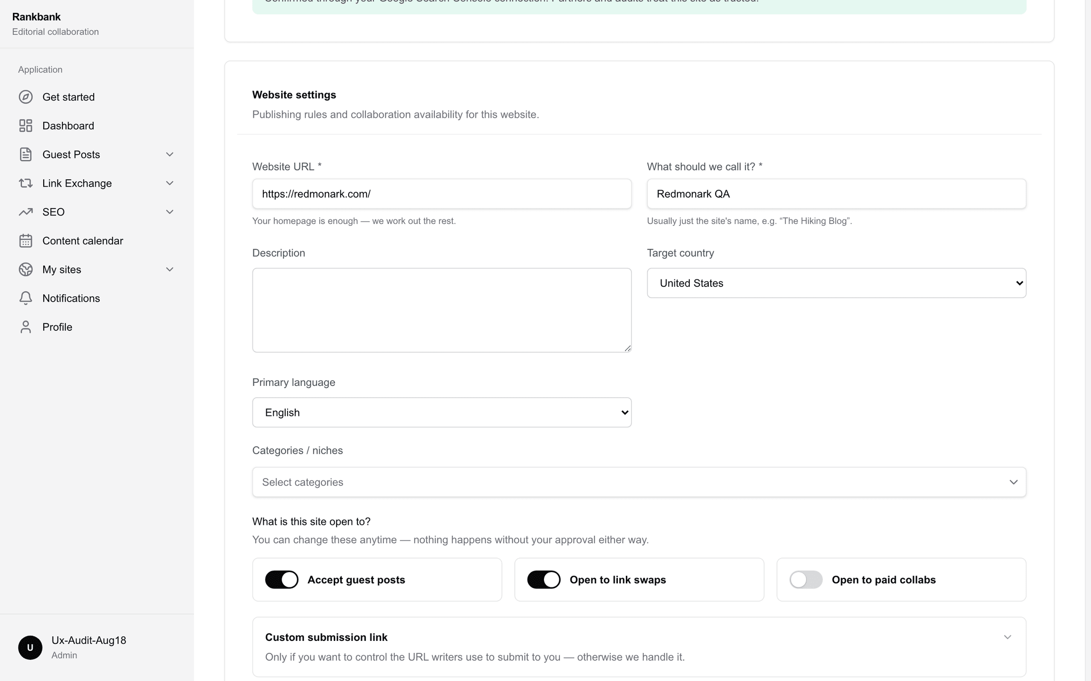 The website settings form showing the Accept guest posts switch turned on