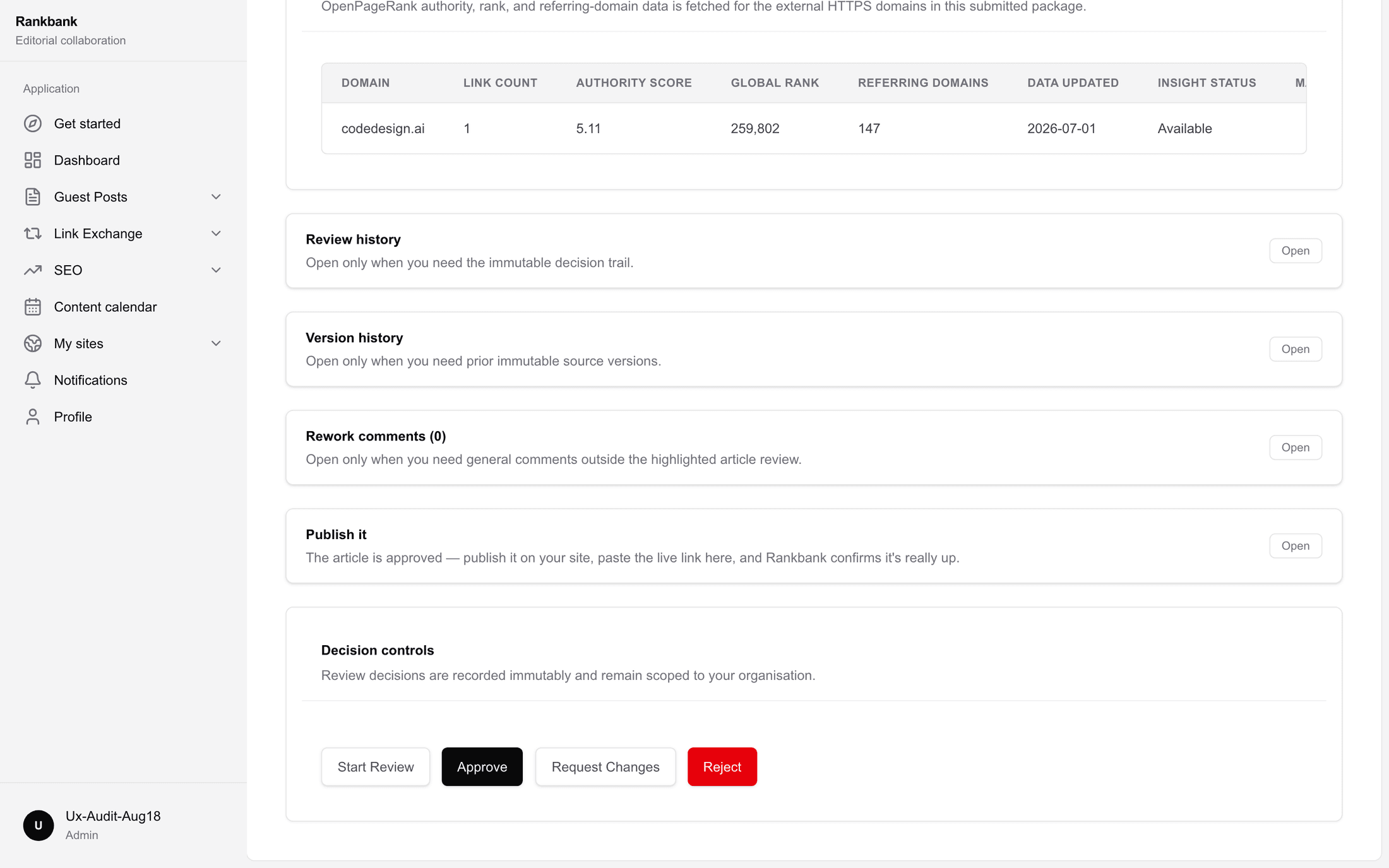 The decision controls showing Approve, Request Changes and Reject with the note field