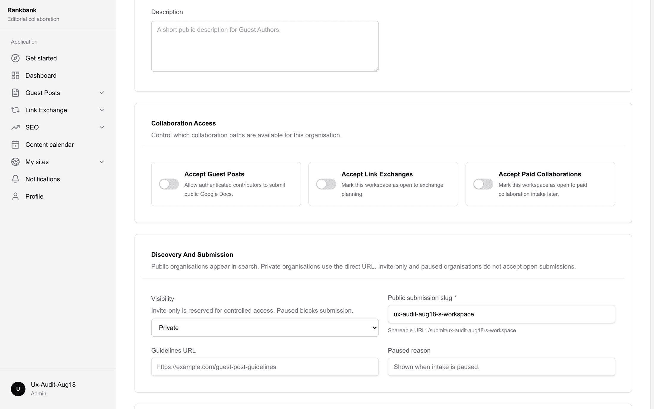The Discovery and Submission settings showing visibility, the public submission slug and its shareable URL helper
