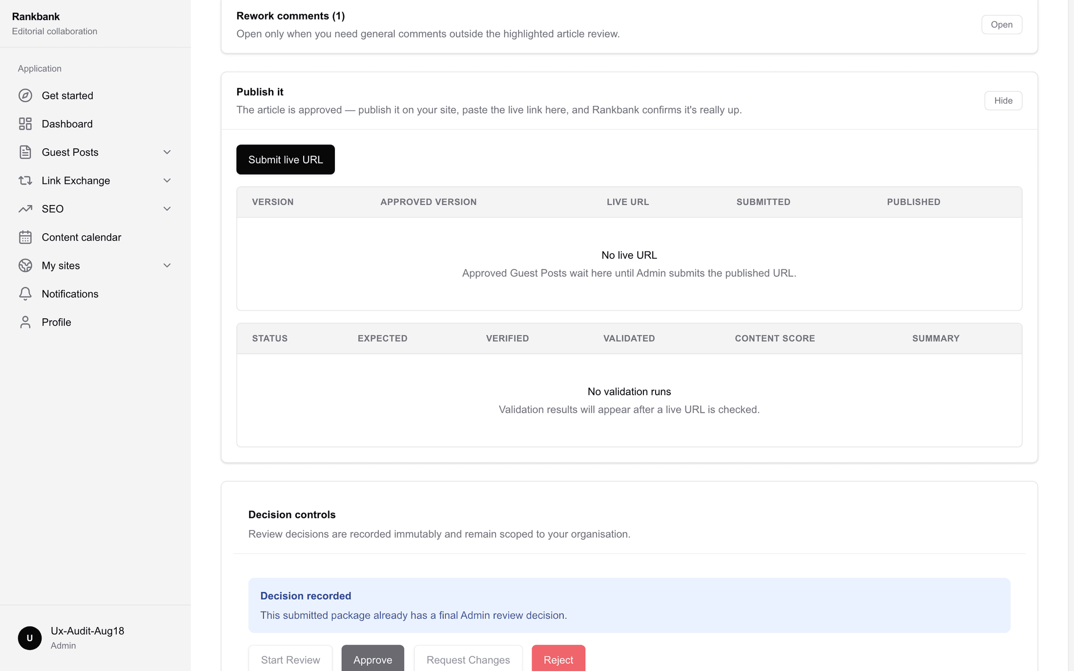 The Publish it section with the Submit live URL control